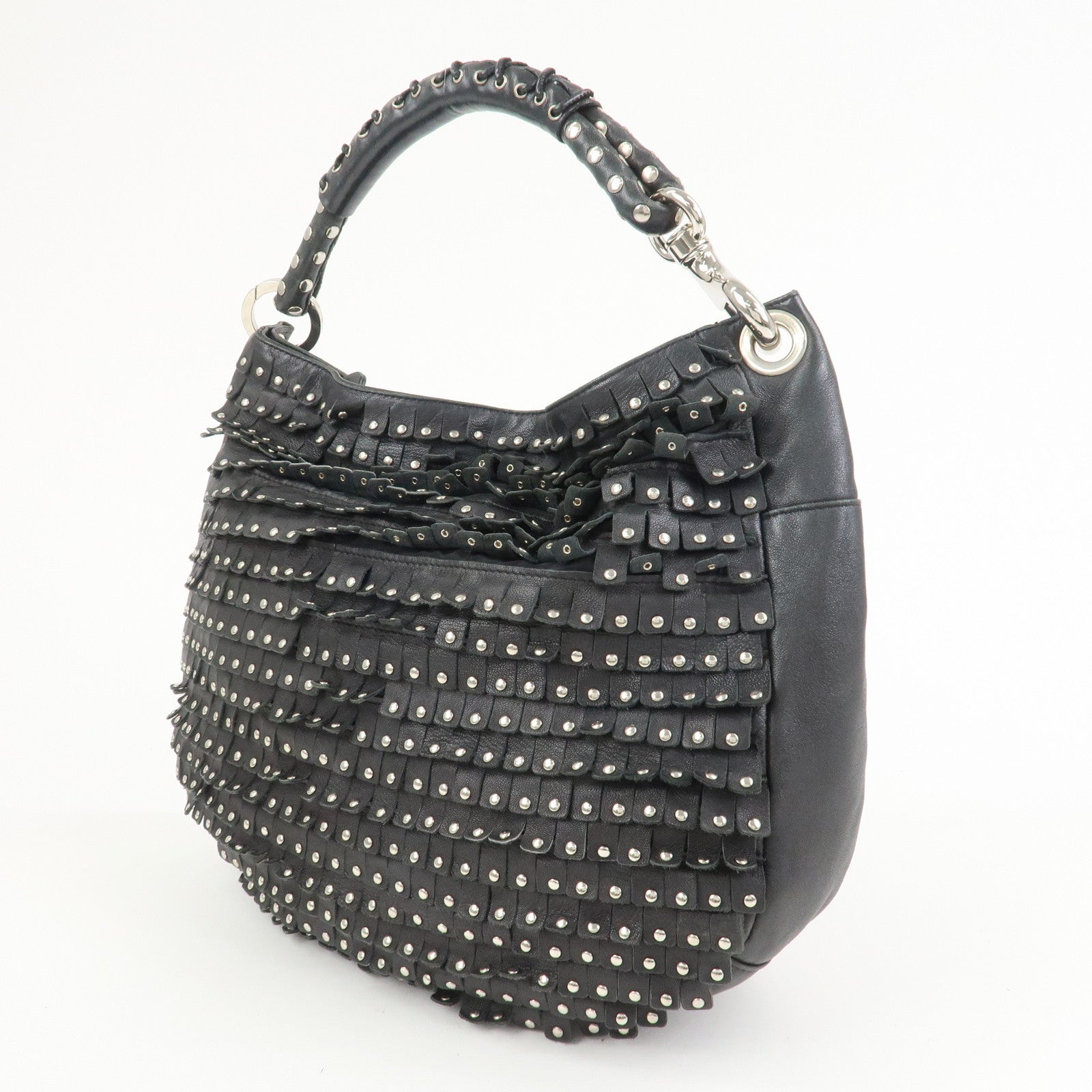 JIMMY CHOO Studs Leather Shoulder Bag Hand Bag Black