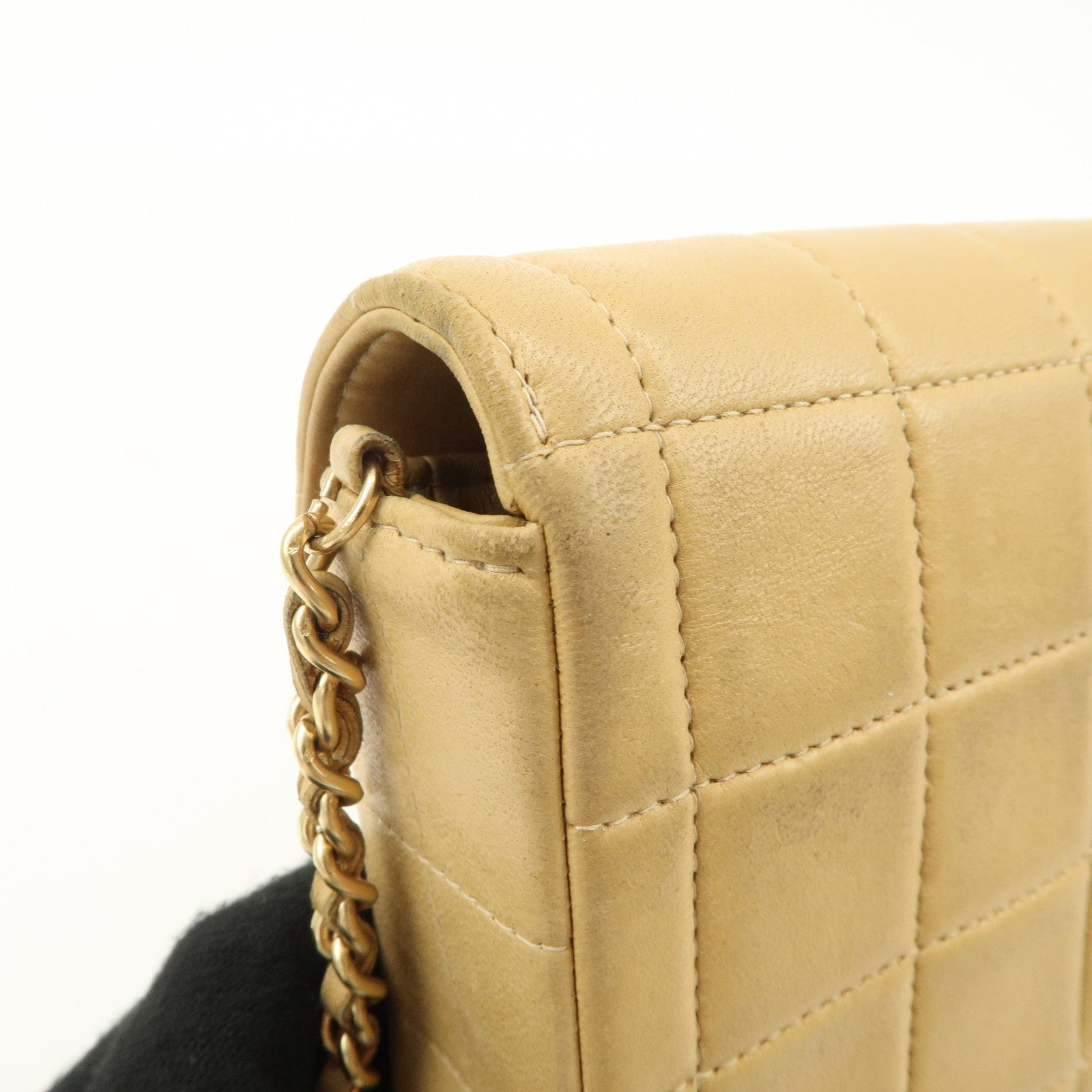 CHANEL Chocolate Bar Lamb Skin Chain Shoulder Bag Beige Gold Used