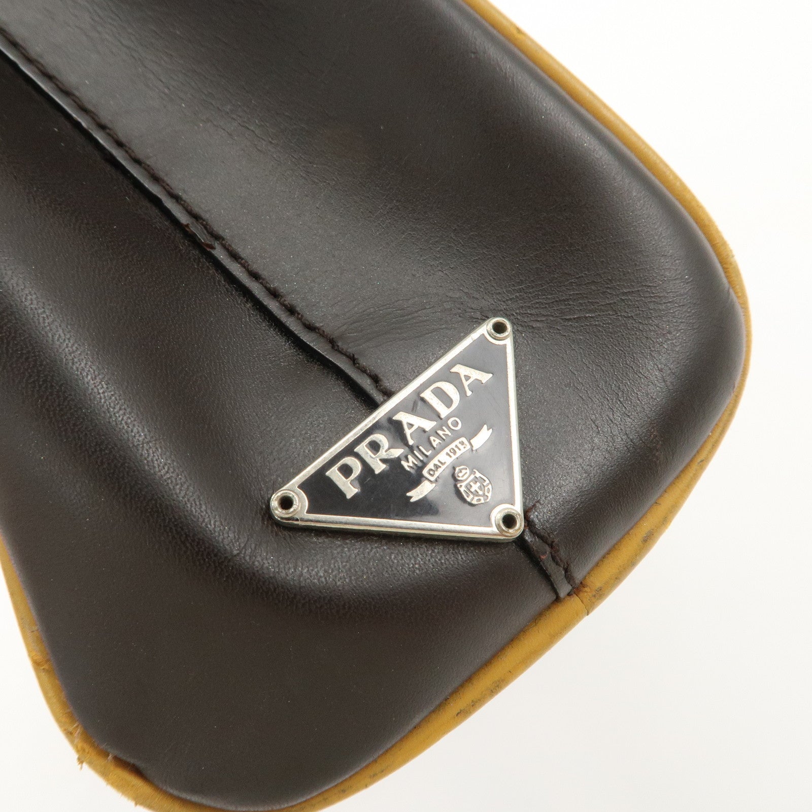 PRADA Triangle Logo Leather Tote Bag Hand Bag Beige Dark Brown Used