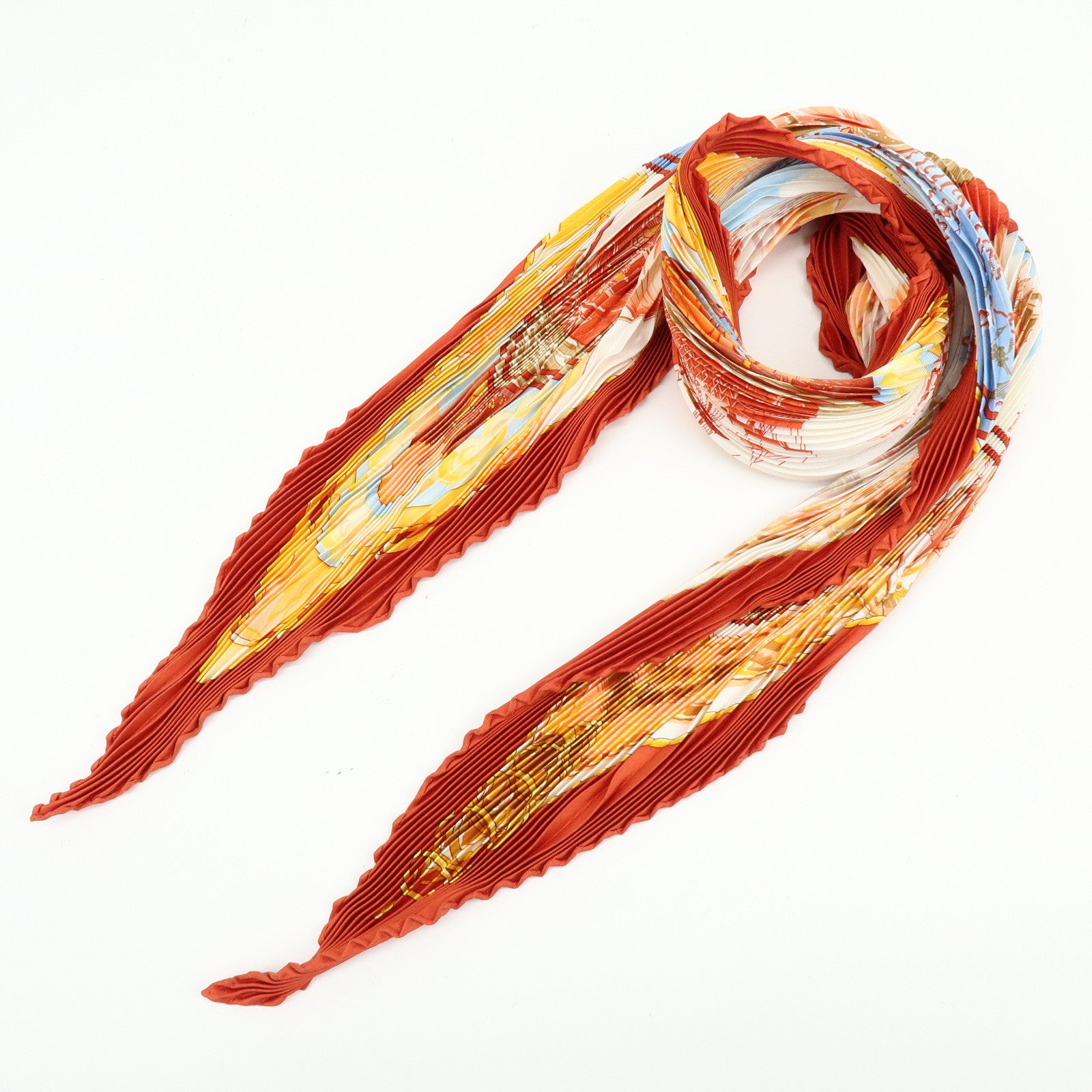 HERMES Pleated Carre Silk 100% Scarf Au-dela Des Cinq Mers Orange