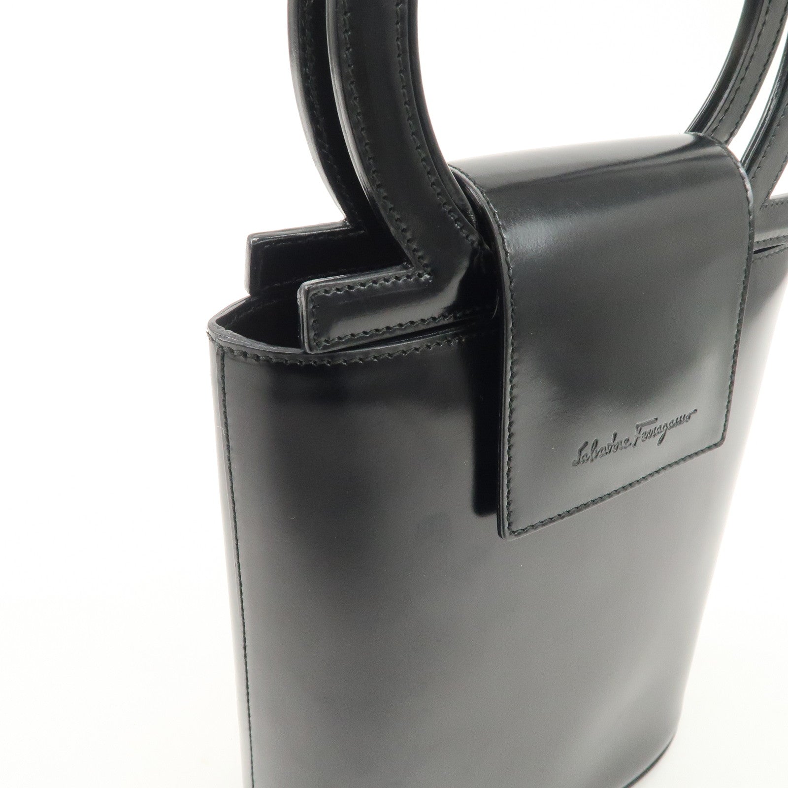 Ferragamo Gancini Leather Hand Bag Black Gold Hardware Used