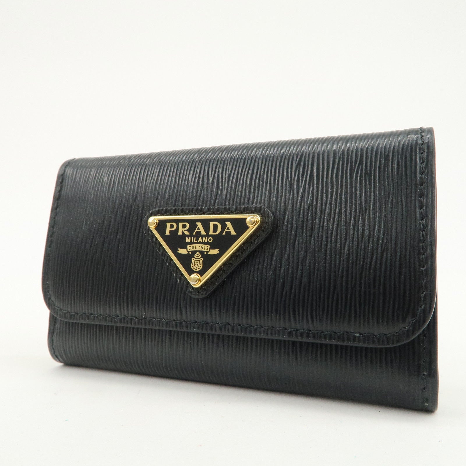 PRADA Triangle Logo Leather 6 Key Case Key Holder Black 1PG222