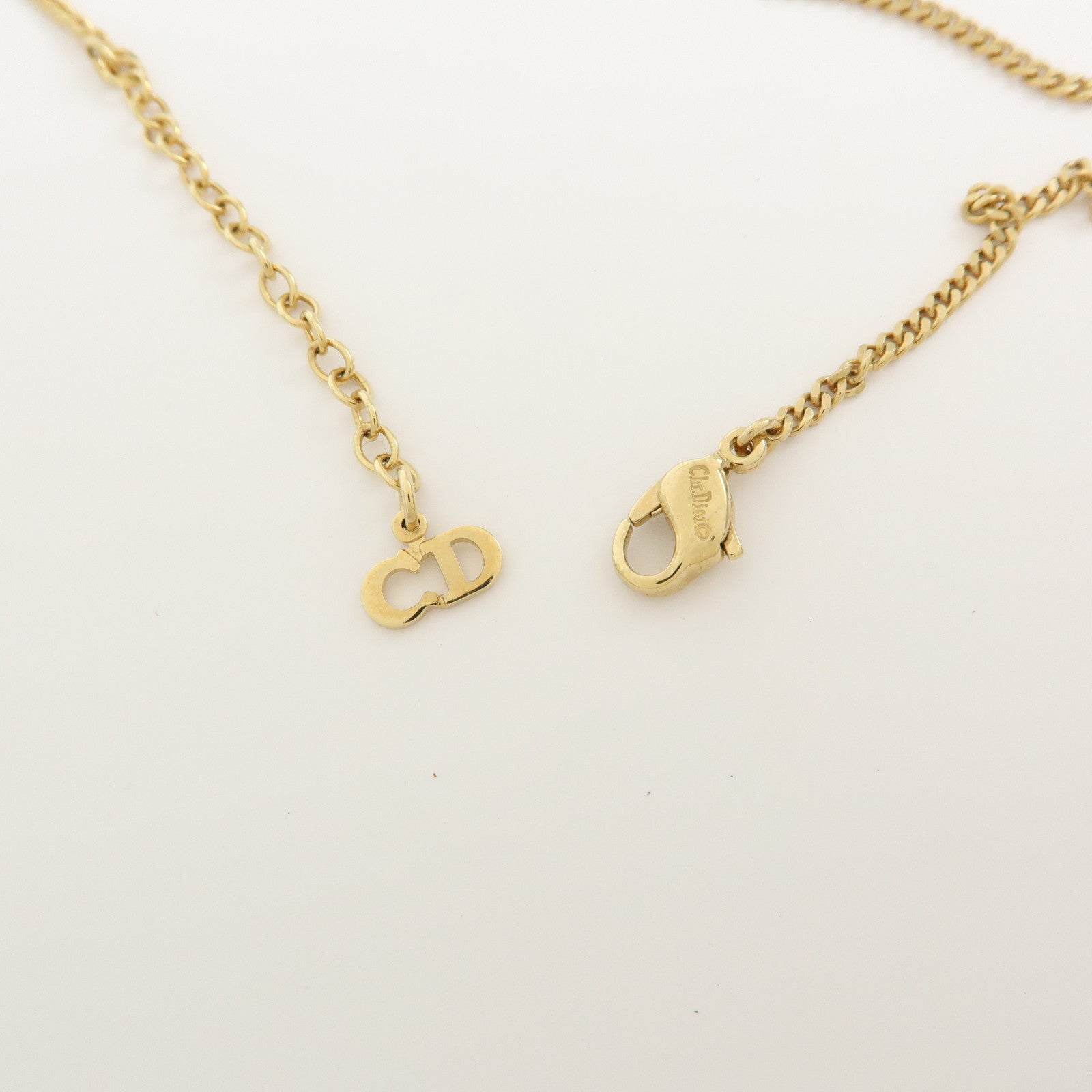Christian Dior Logo Pendant Metal Rhinestone Necklace Gold