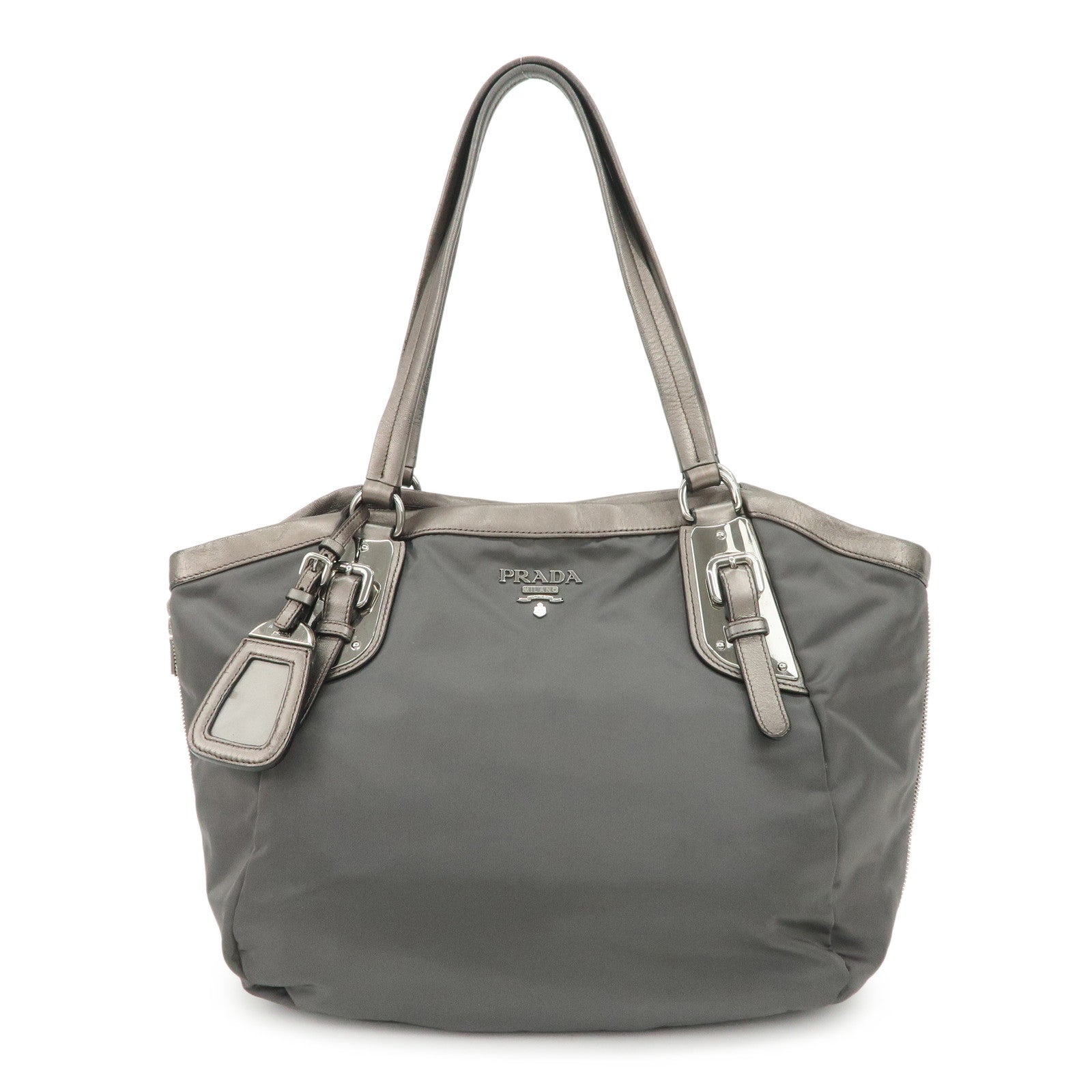 PRADA Logo Nylon Leather Tote Bag Shoulder Bag Gray BR4007