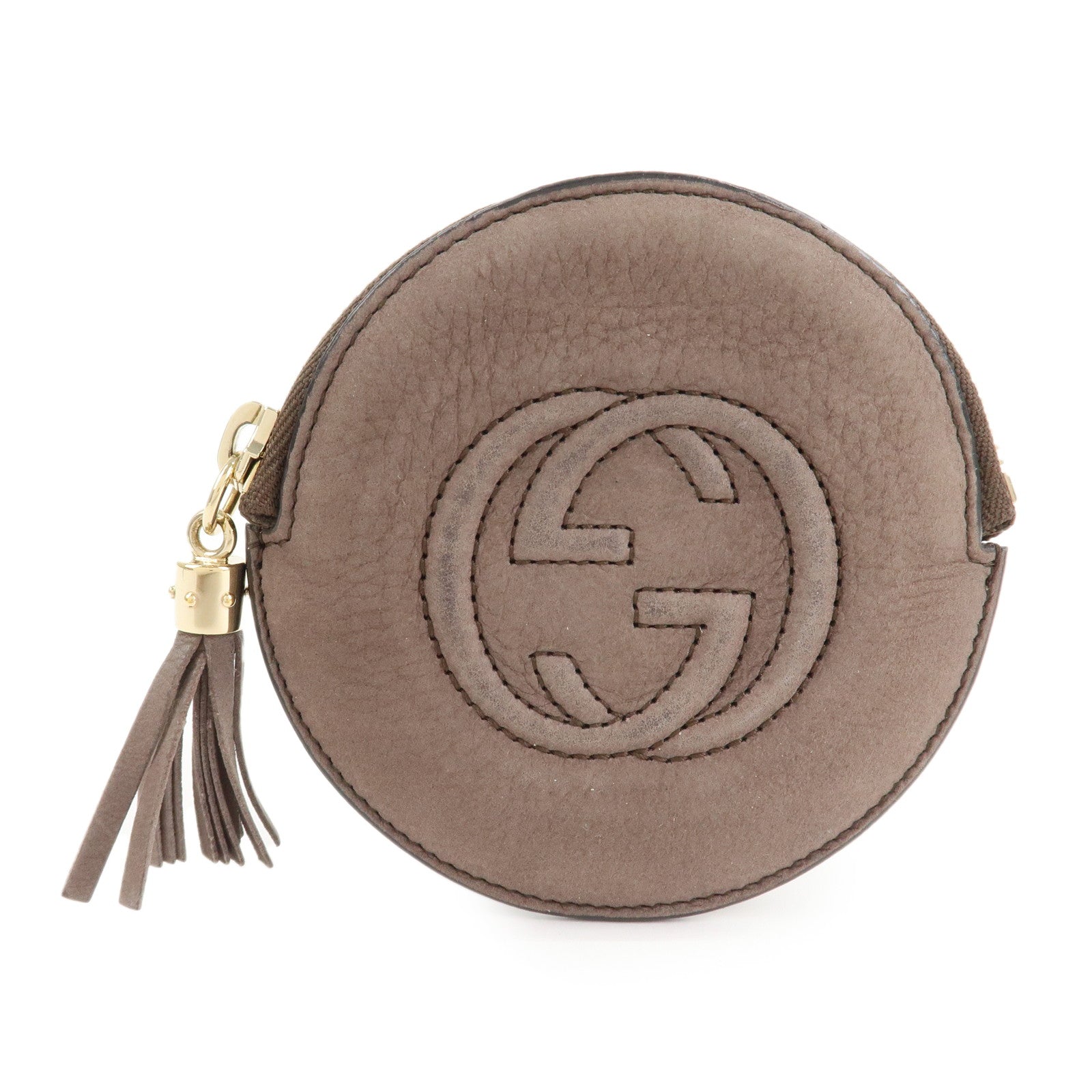 GUCCI Interlocking G Leather Coin Case Tassel Charm Beige 337946 Used