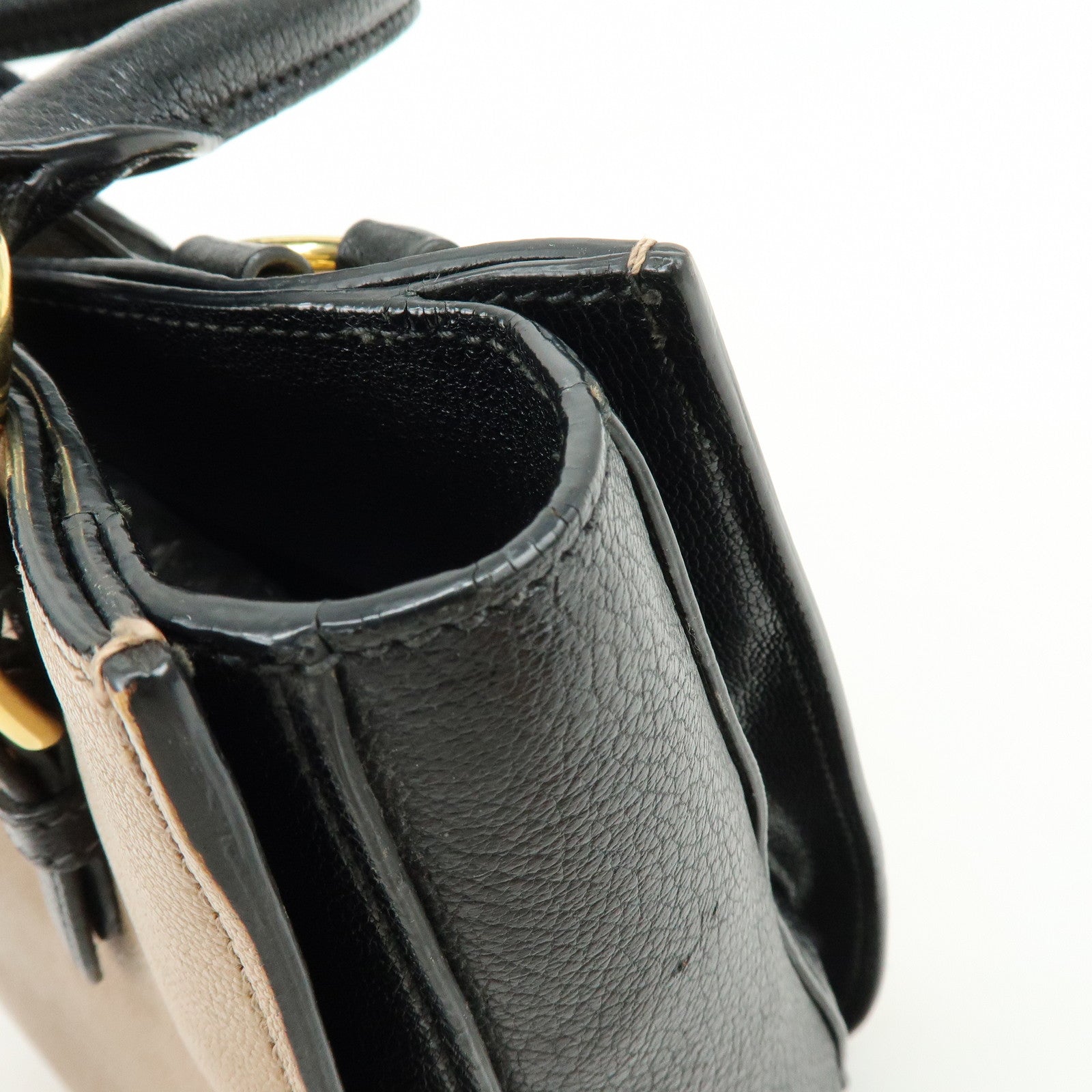 MIU MIU Madras Leather 2Way Hand Bag Bi-color Beige Black RN0799