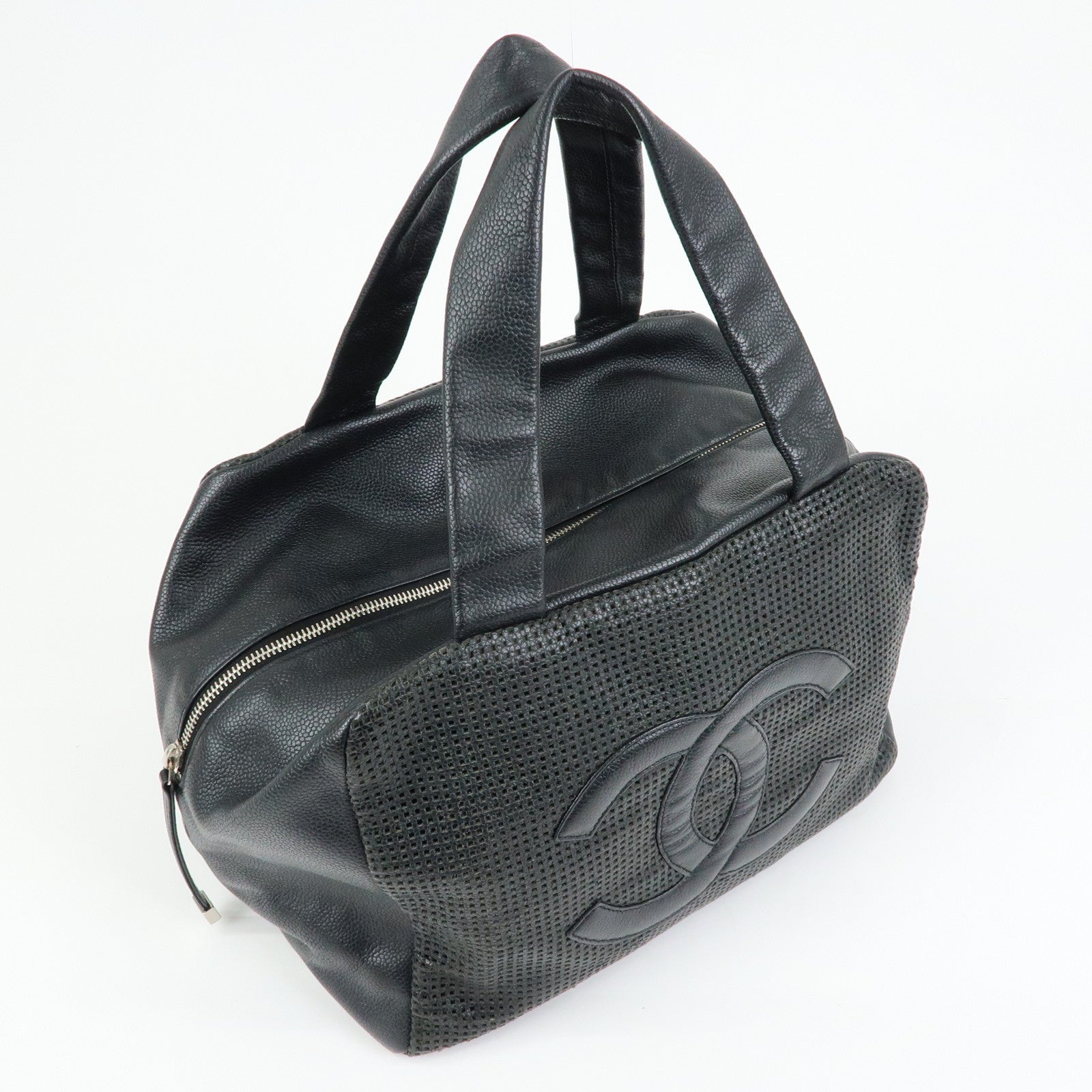 CHANEL COCO Mark Caviarskin Punching Boston Bag Hand Bag Black