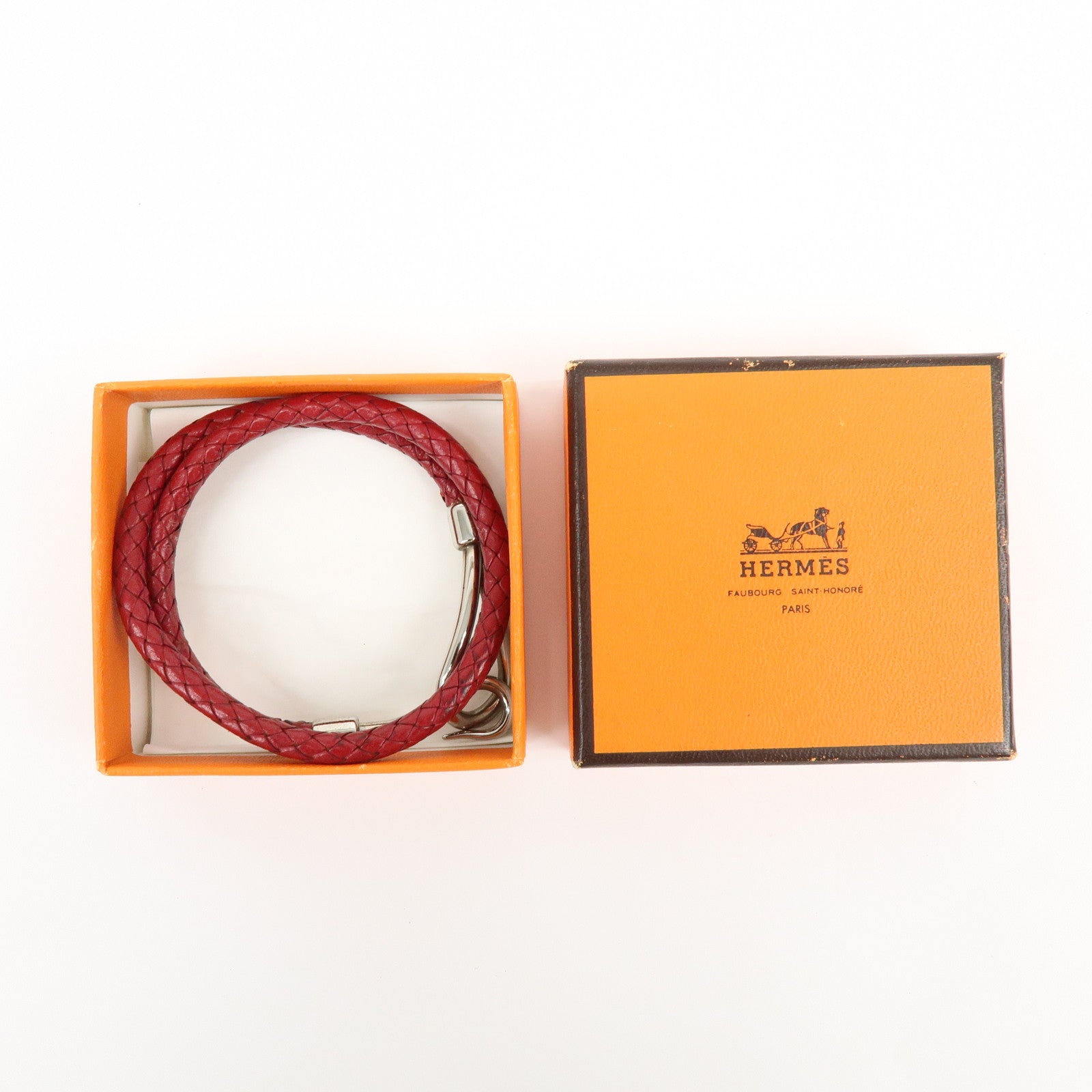 HERMES Jumbo Choker Double Tour Leather Metal Bracelet Red Silver