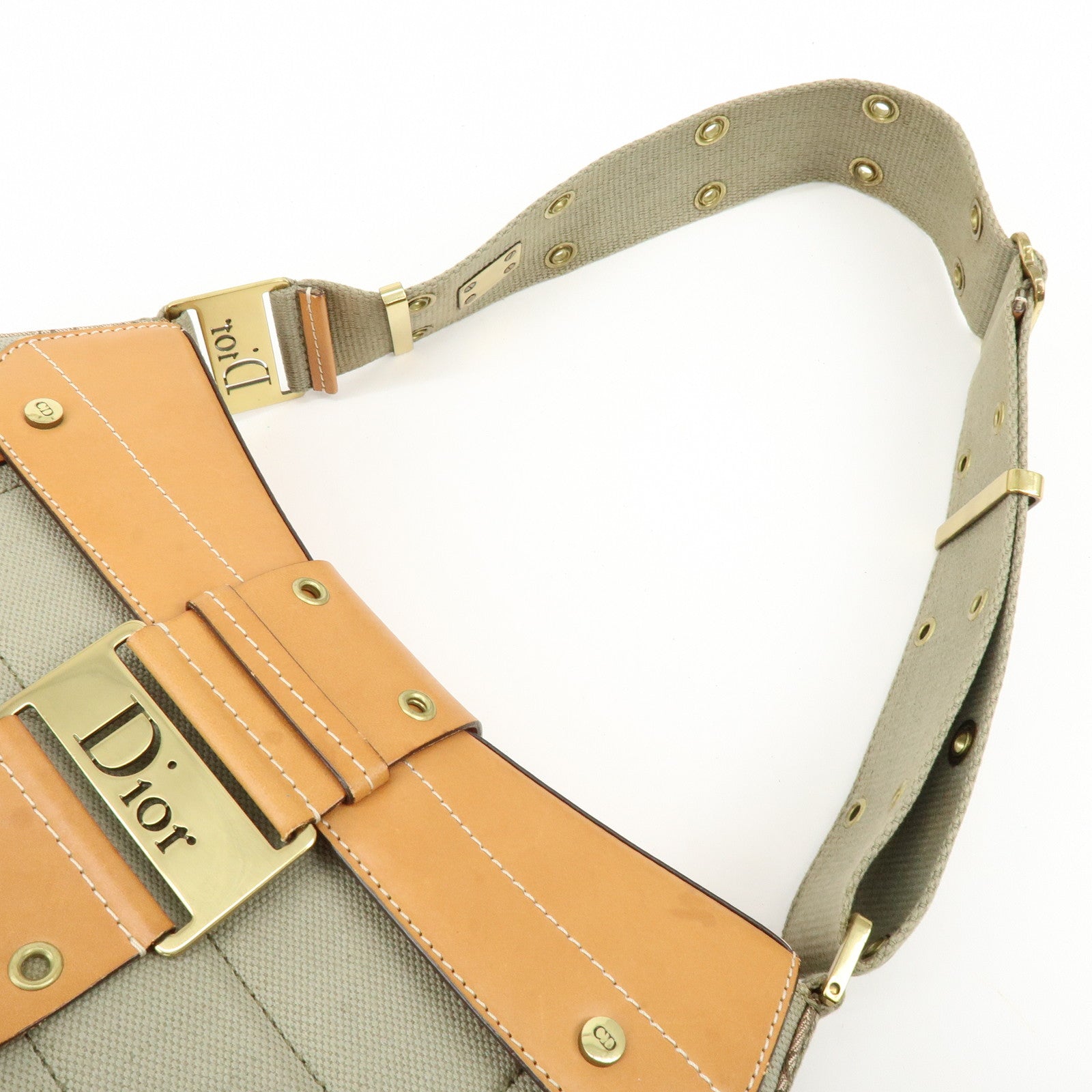 Christian Dior Street Chic Canvas Leather Shoulder Bag Khaki Camel