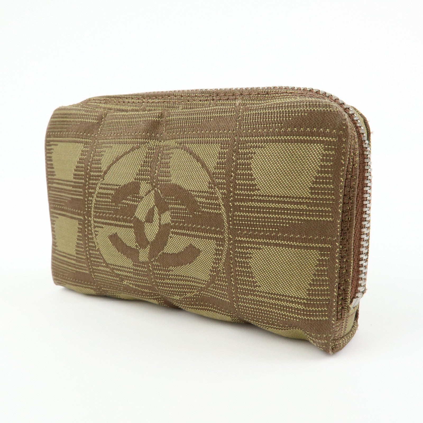 CHANEL New Travel Line Nylon Jacquard Mini Pouch Cosmetic Bag Khaki