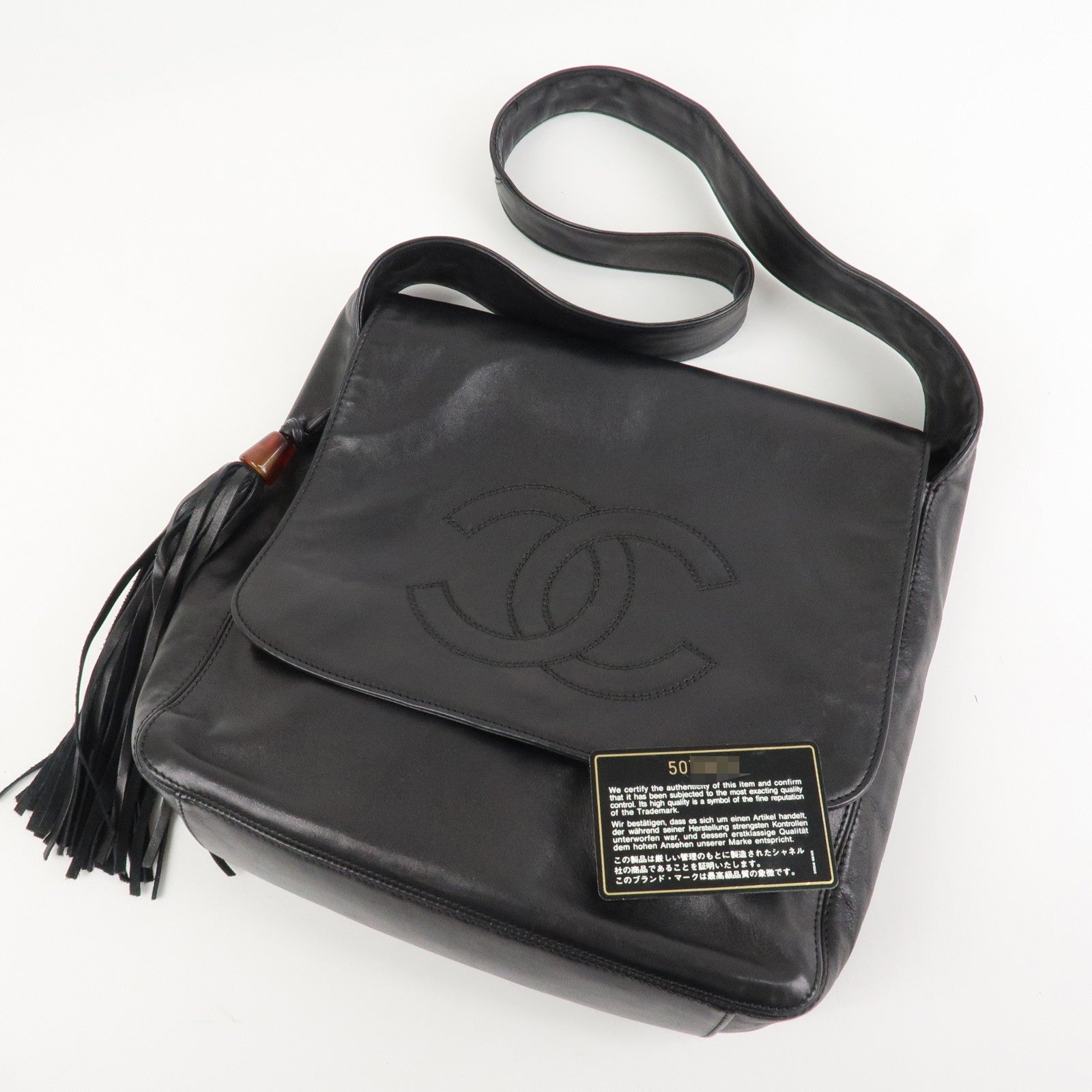 CHANEL COCO Mark Lamb Skin Shoulder Bag Hand Bag Tassel Black