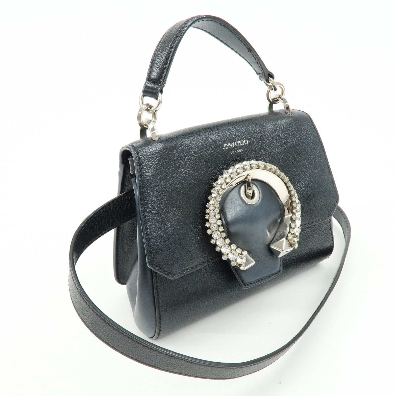 Jimmy Choo Madeline Leather Rhinestone 2Way Hand Shoulder Bag Black