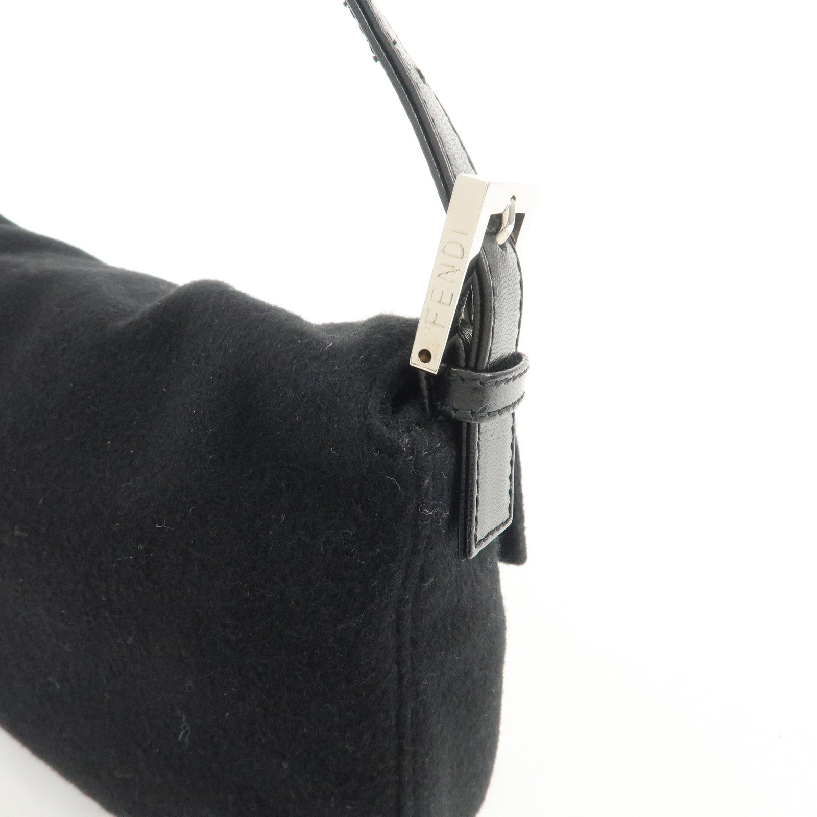 FENDI Mamma Baguette Wool Leather Shoulder Bag Hand Bag Black 26424