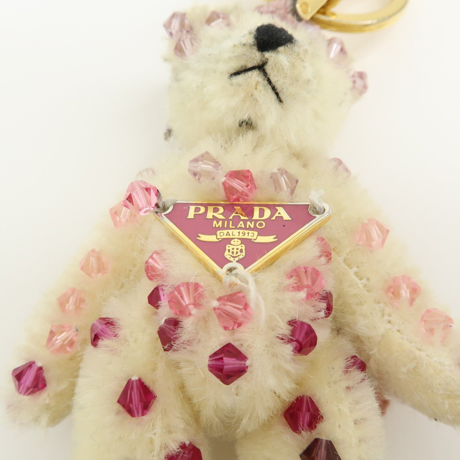 PRADA Triangle Logo Bear Mohair Bag Charm Key Holder Beige Pink