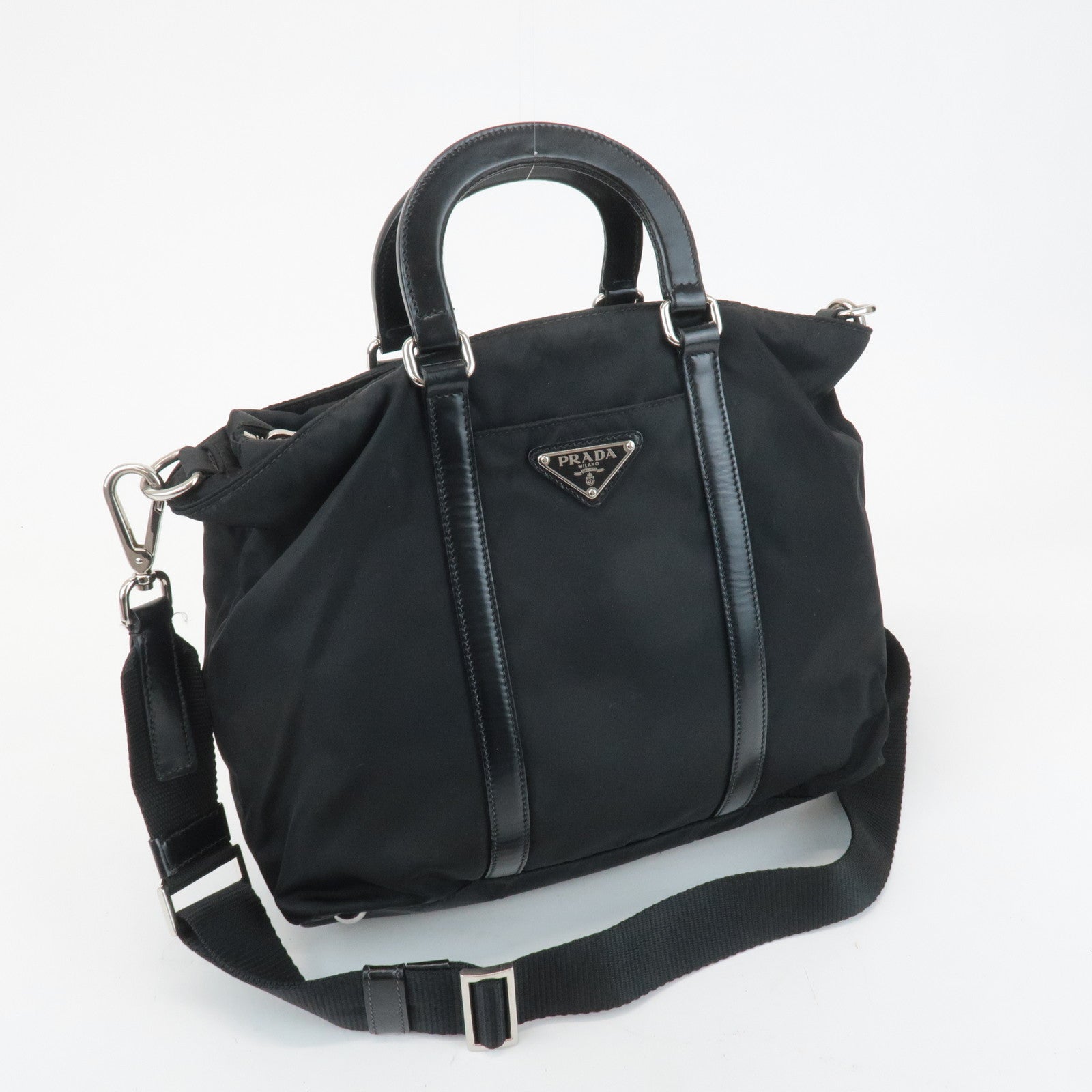 PRADA Triangel Logo Leather Nylon 2Way Bag Tote Bag Black BN1066