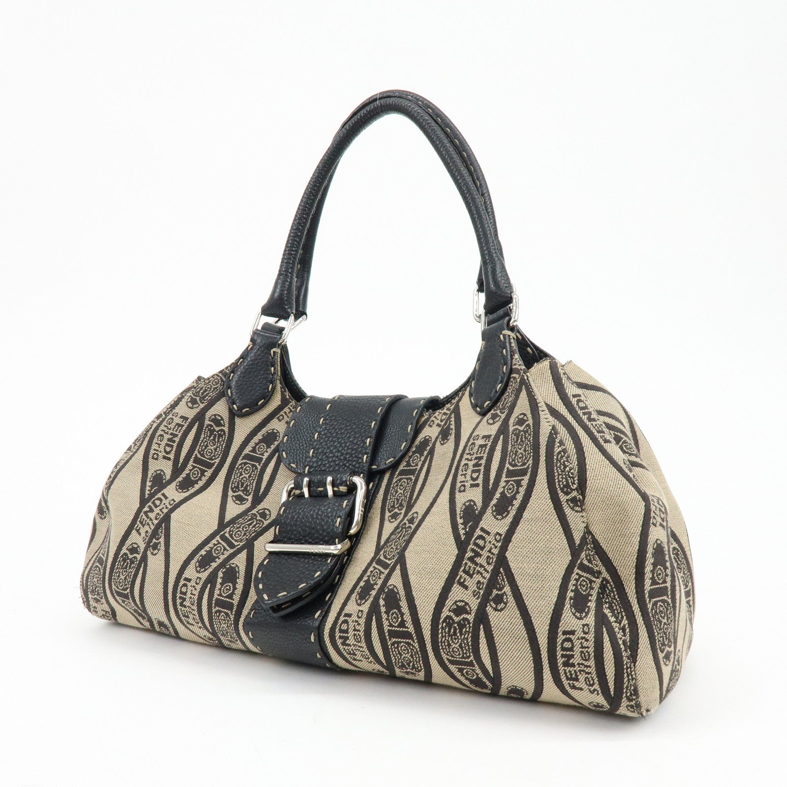 FENDI Selleria Canvas Leather Hand Bag Shoulder Bag Beige 8BR457
