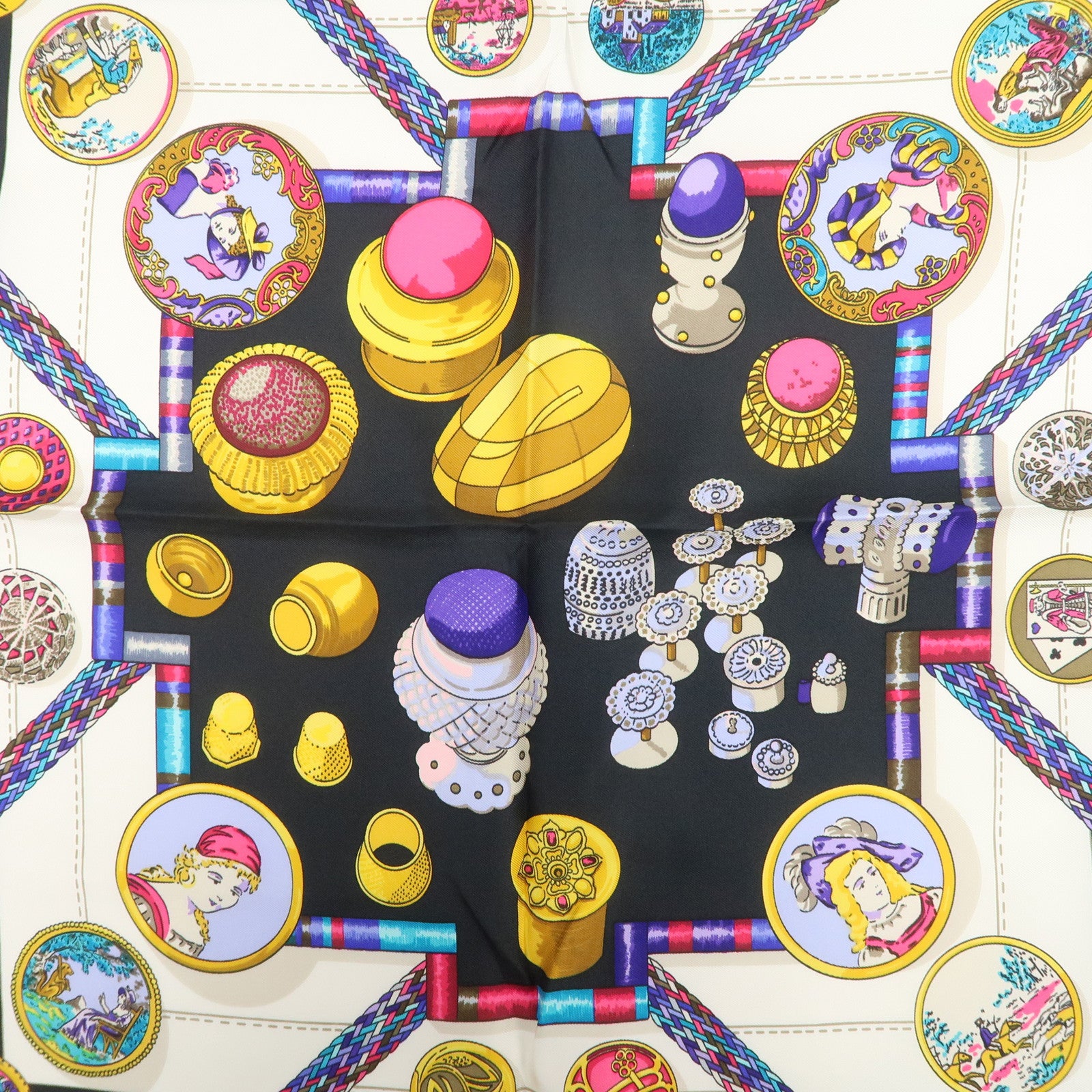 HERMES Carre 90 Silk 100% Scarf Petite main Black White Multicolor