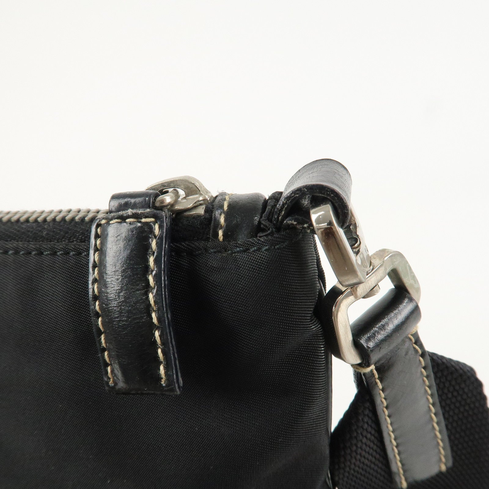 PRADA Triangle Logo Leather Nylon Shoulder Bag Crossbody Bag Black Used
