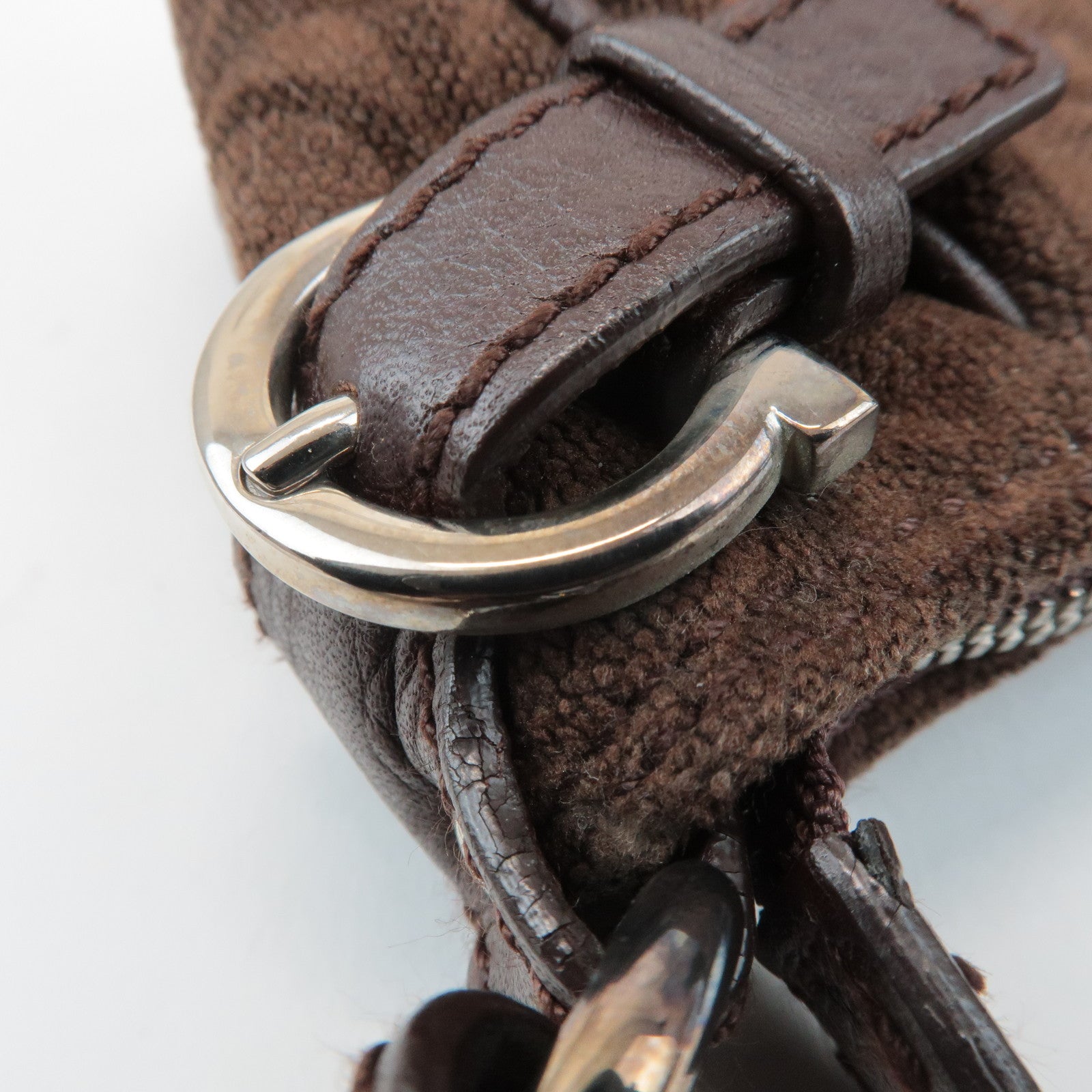 Ferragamo Gancini Leather Cotton Accessoires Pouch Hand Bag Brown Used