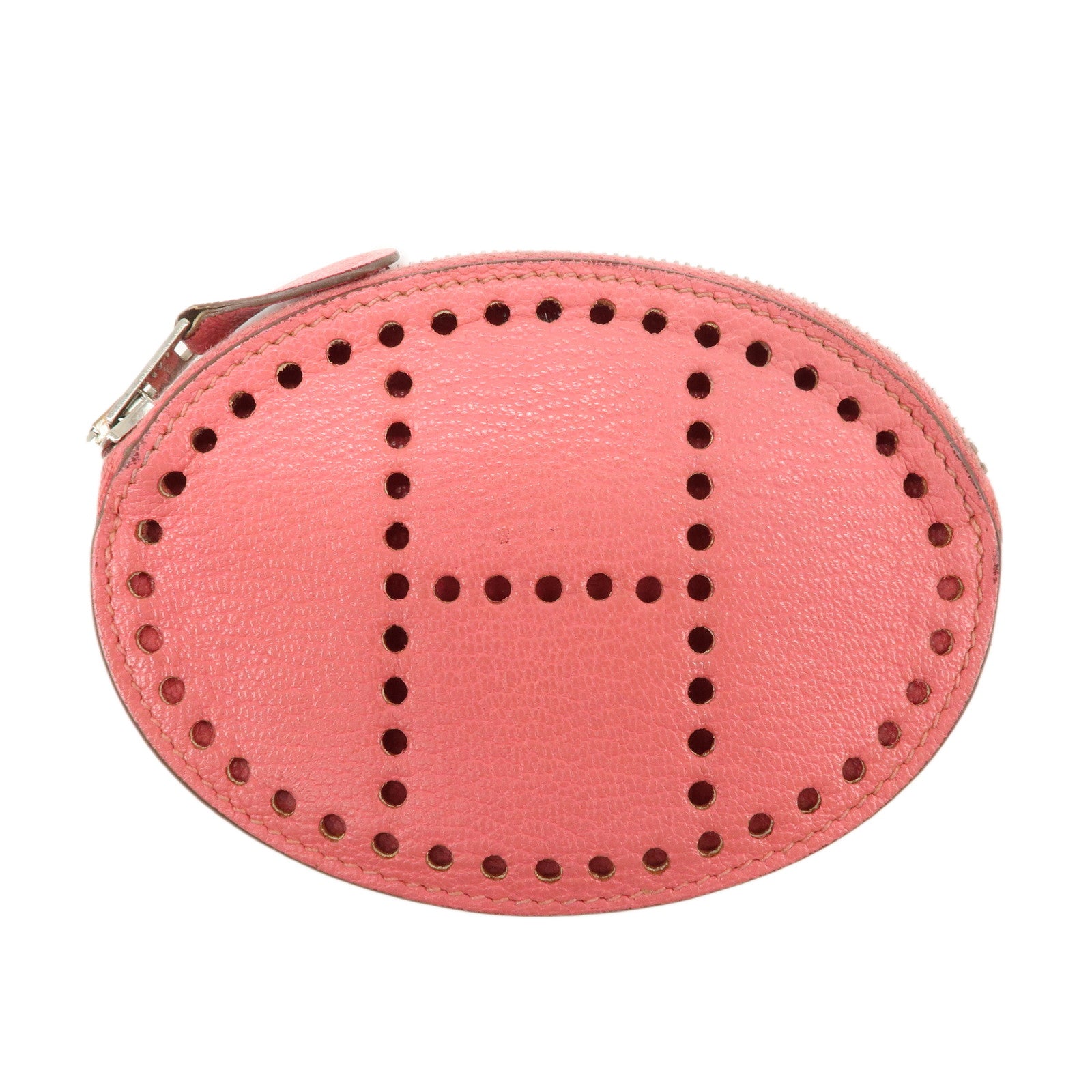 HERMES Leather Evelyne Coin Case P Engraved Rose Azalee Silver HDW