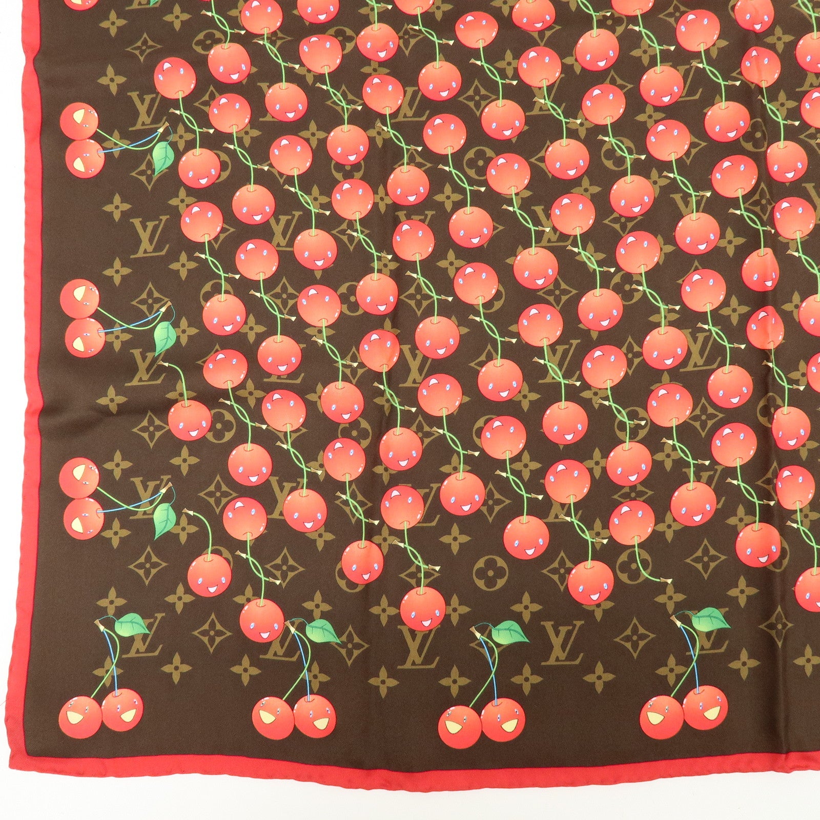 Louis Vuitton Monogram Cherry Silk 100% Scarf Brown Red M71962