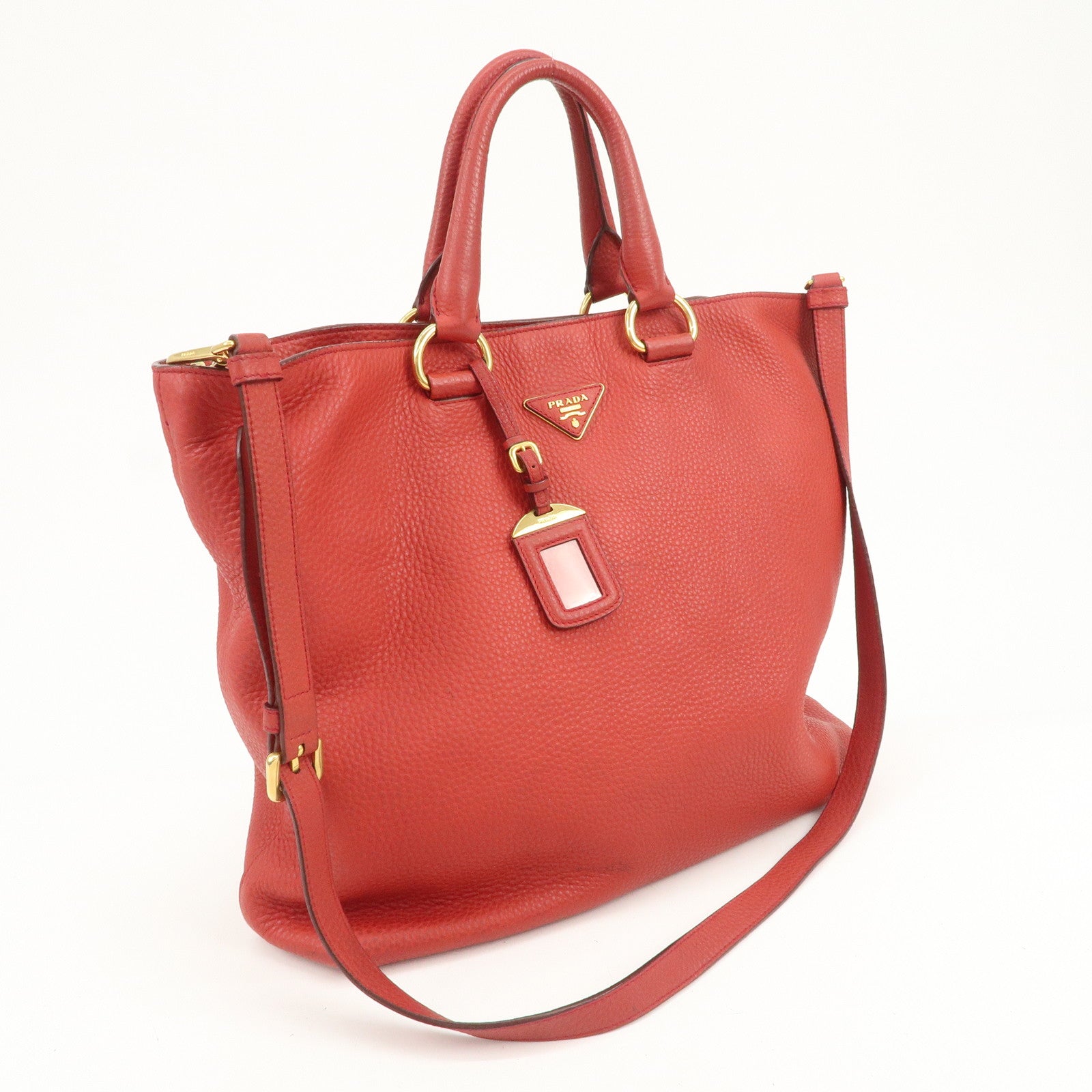 PRADA Triangle Logo Leather 2Way Tote Bag Shoulder Bag Red BN1713