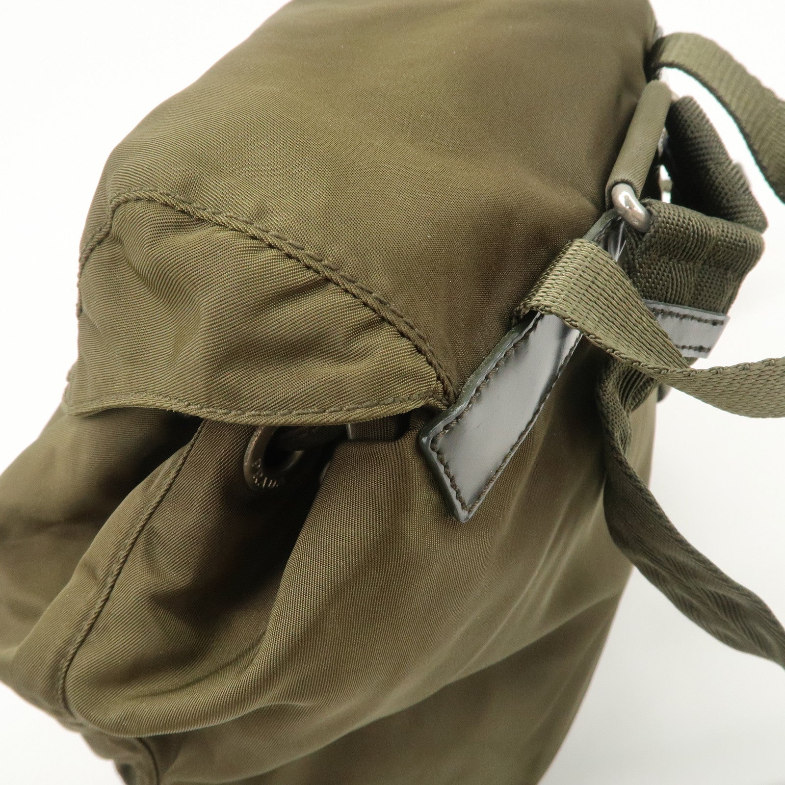 PRADA Triangle Logo Nylon Leather Backpack Ruck Sack Khaki B6677 Used
