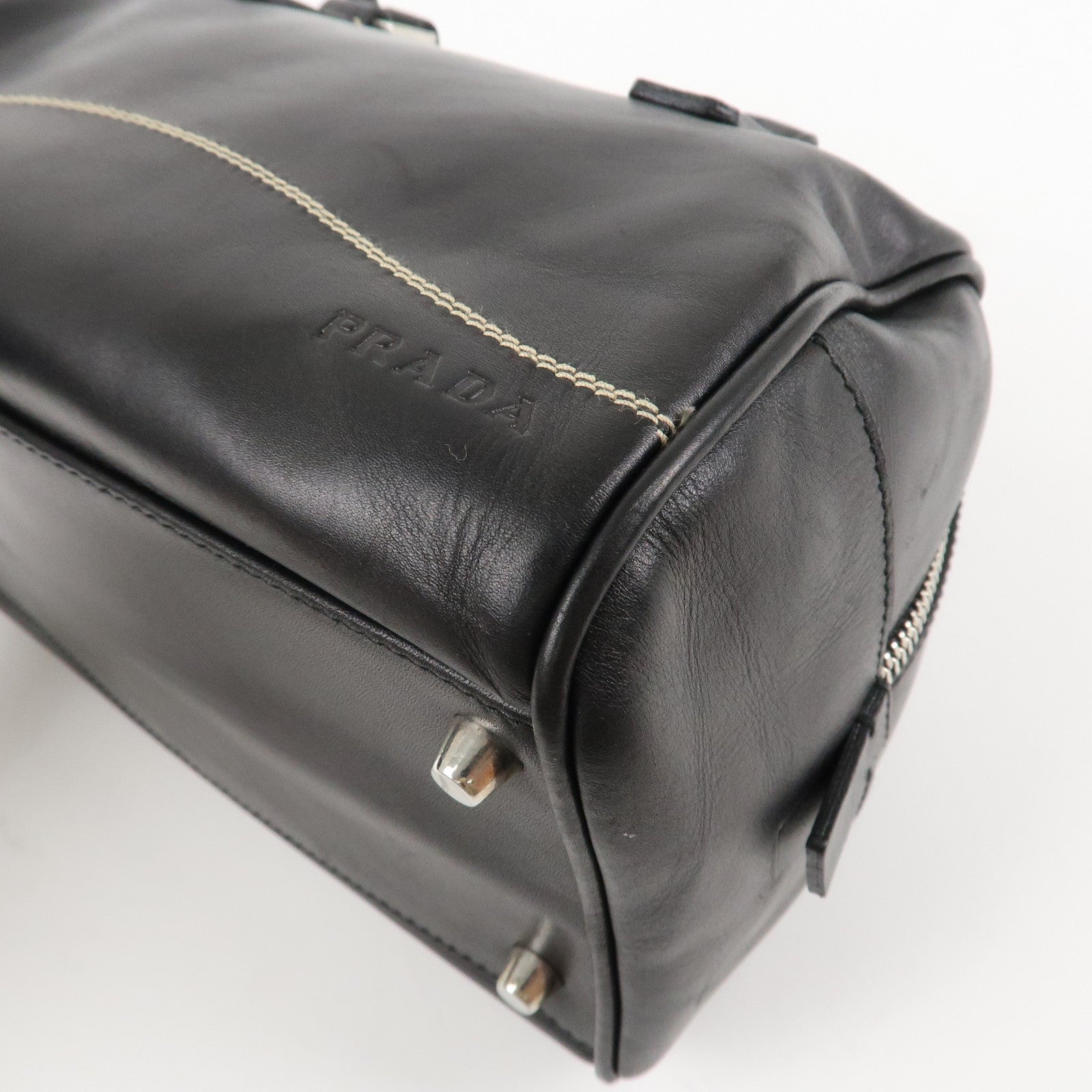 PRADA Leather Mini Boston Bag Hand Bag Black Used