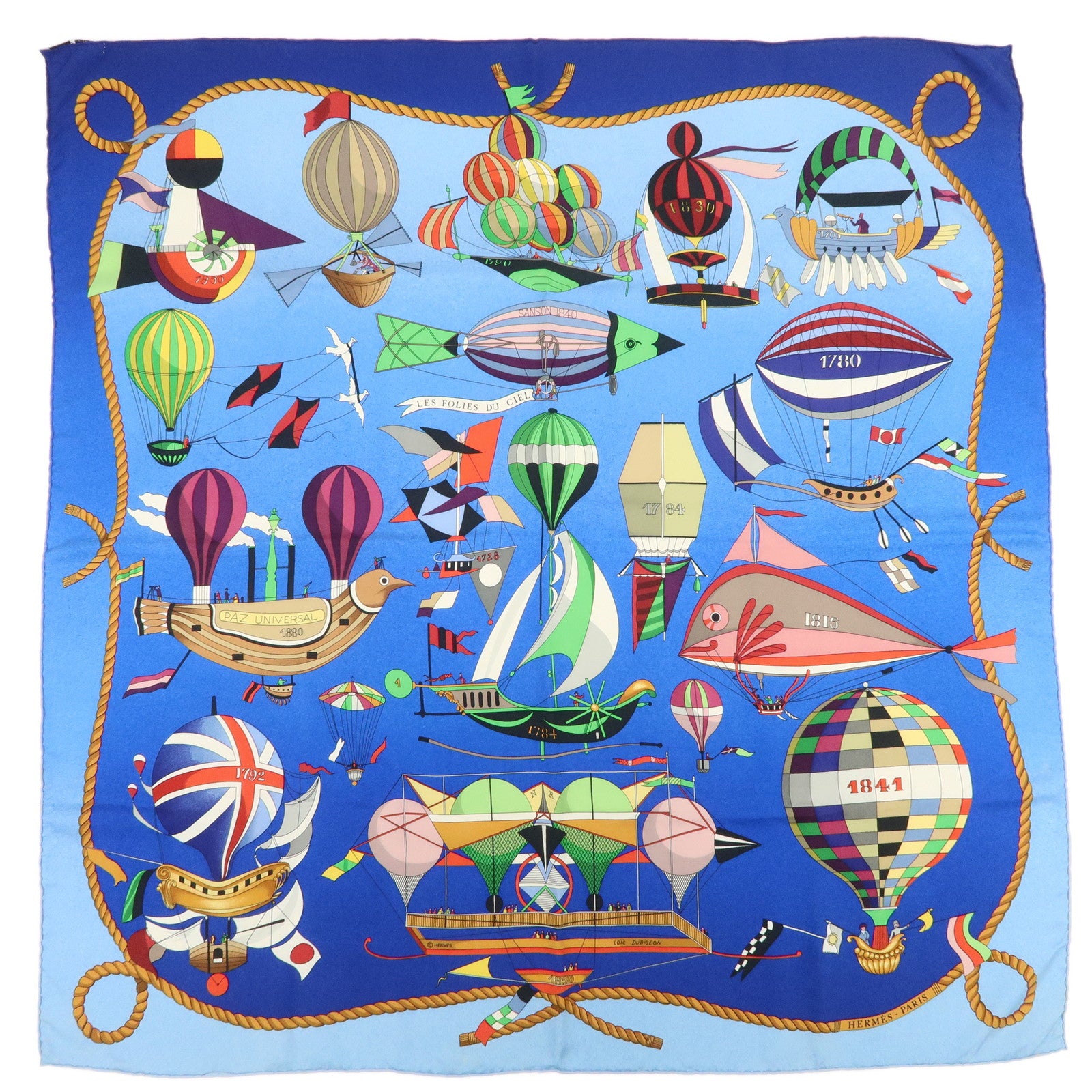 HERMES Carre 90 Silk 100% LES FOLIES DU CIEL Scarf Blue Multicolor