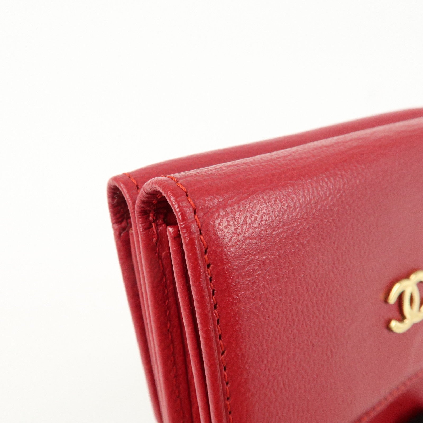 CHANEL COCO Mark Leather Tri-Fold Compact Wallet Red A13456 Used