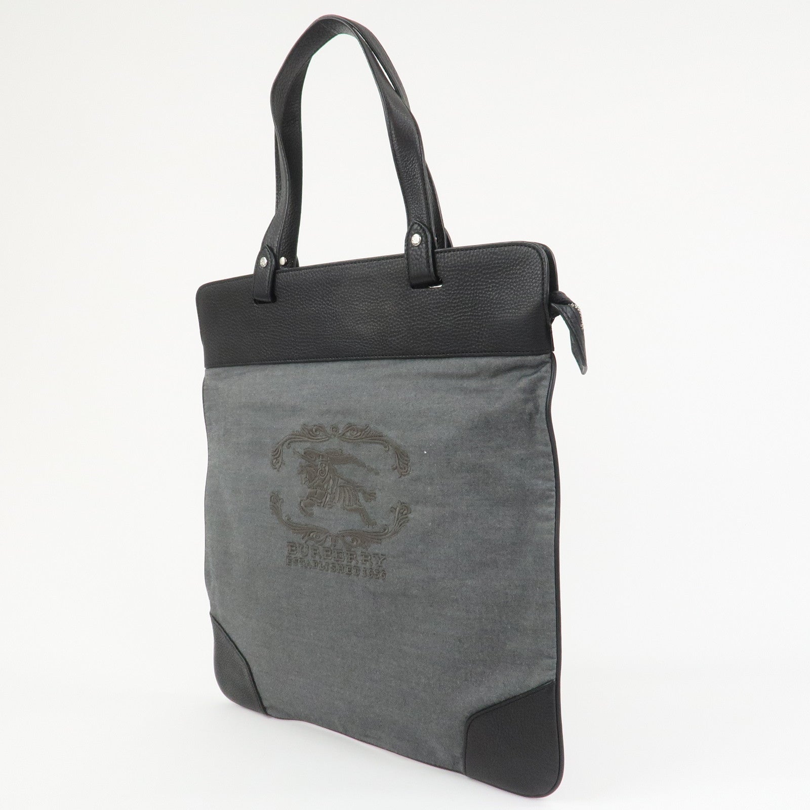 BURBERRY Logo Leather Canvas Tote Bag Black Grey