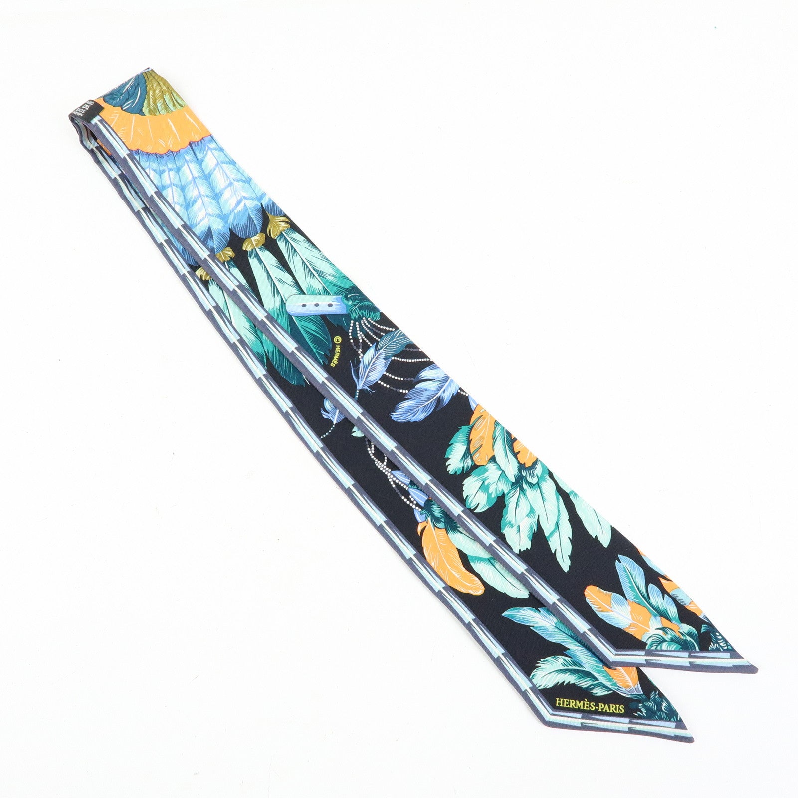 HERMES Silk 100% Twilly Scarf Brazil Black Blue