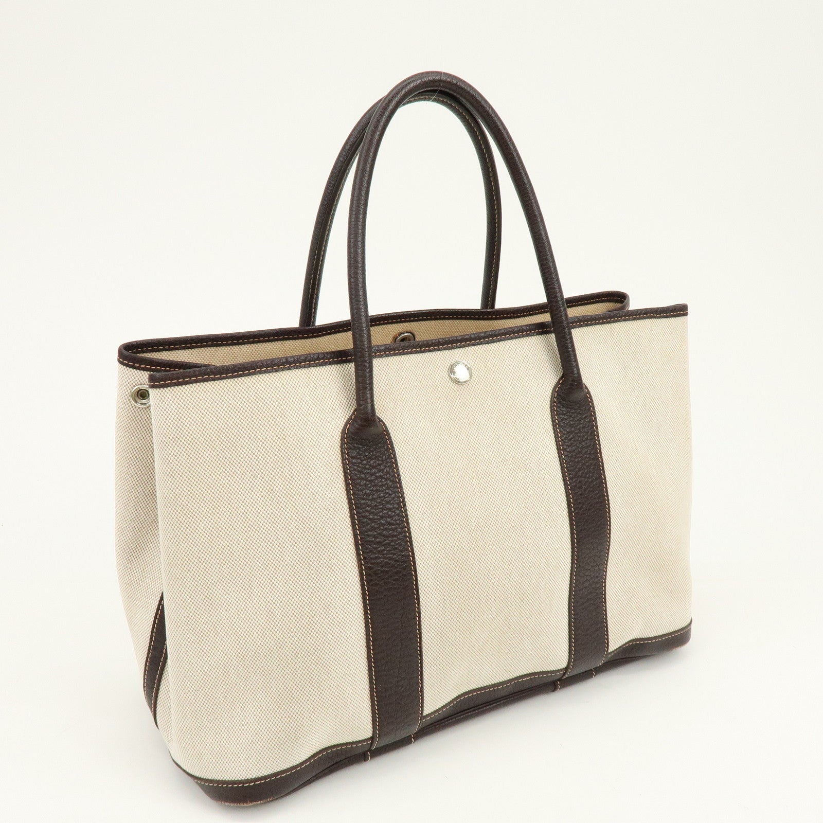 HERMES Garden Party Canvas Leather Tote Bag Beige Brown □H Stamped