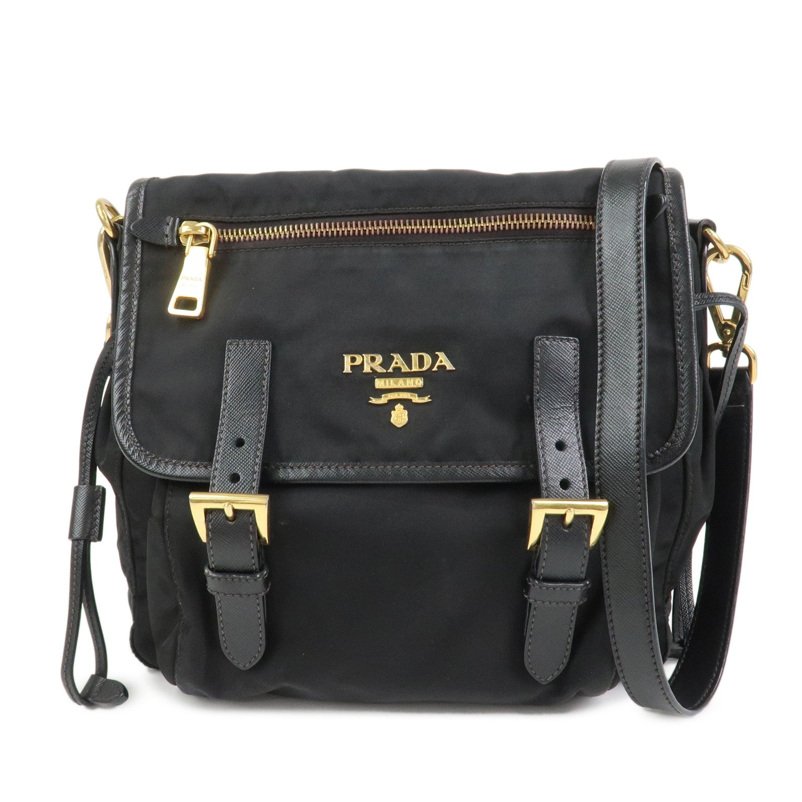 PRADA Logo Nylon Saffiano Leather Shoulder Bag Crossbody Bag Black