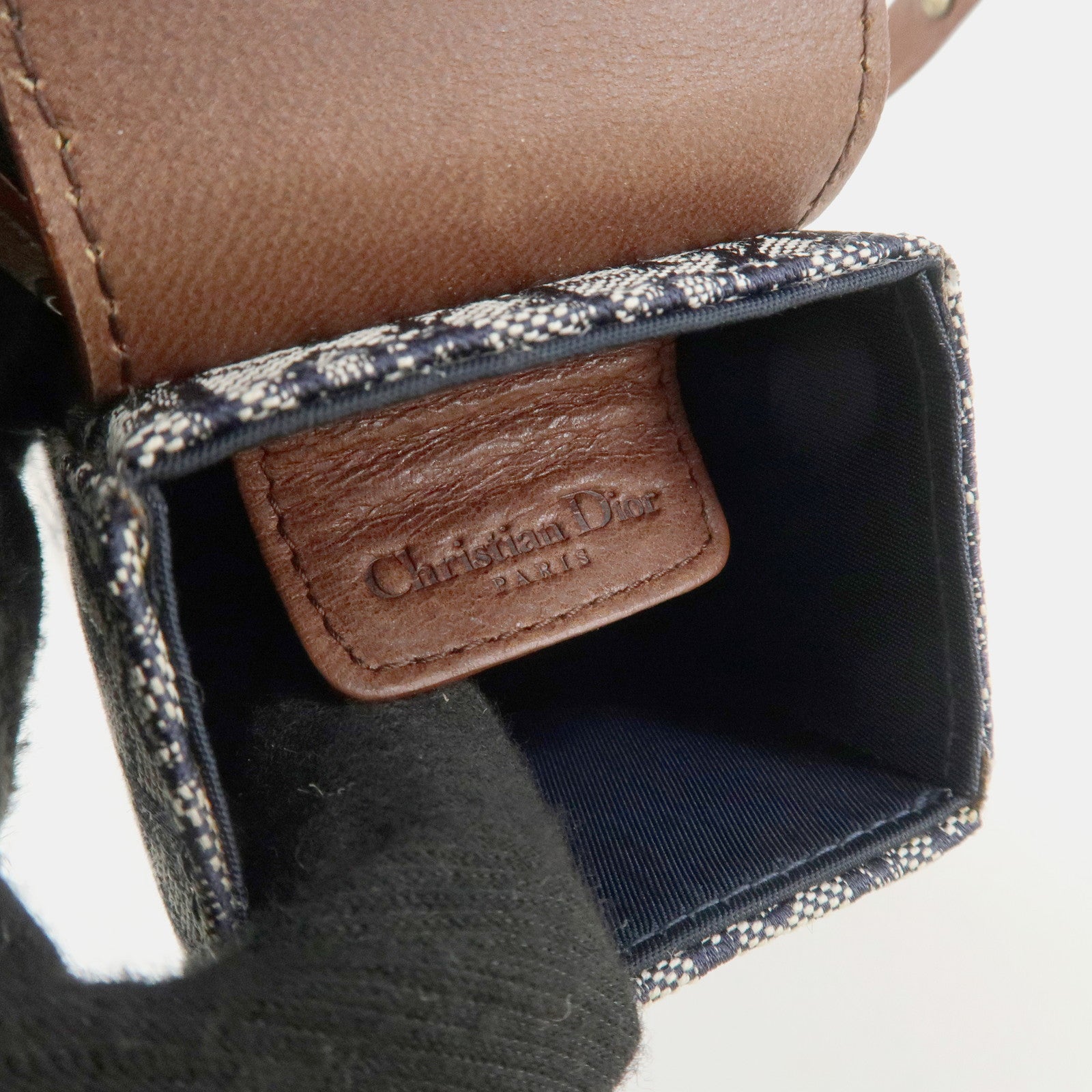 Christian Dior Trotter Canvas Leather Shoulder Bag Navy Brown Used