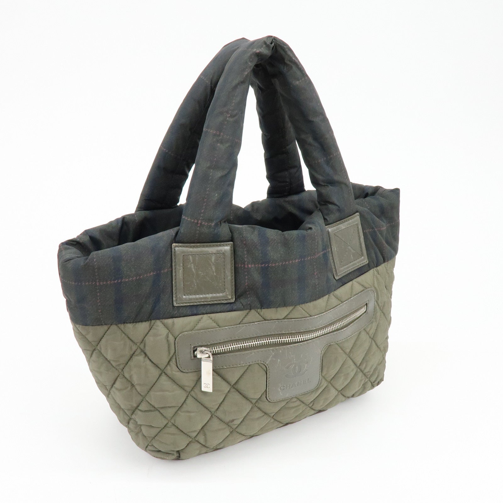 CHANEL COCO Cocoon PM Nylon Tote Bag Dark Green Plaid A48610