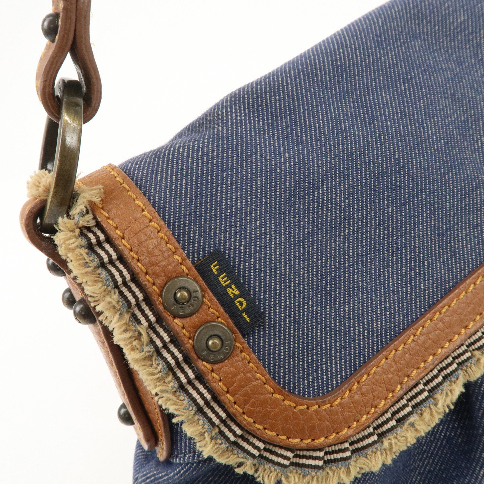 FENDI Denim Leather Shoulder Bag Hand Bag Indigo Brown 8BR445 Used