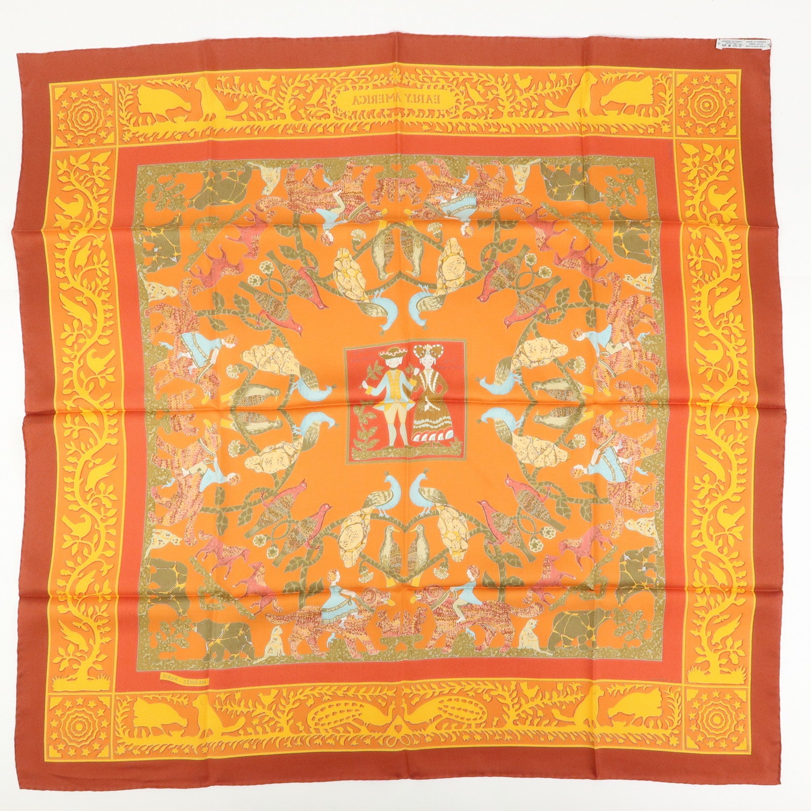 HERMES Carre 90 Silk 100% Scarf EARLY AMERICA Orange Brown