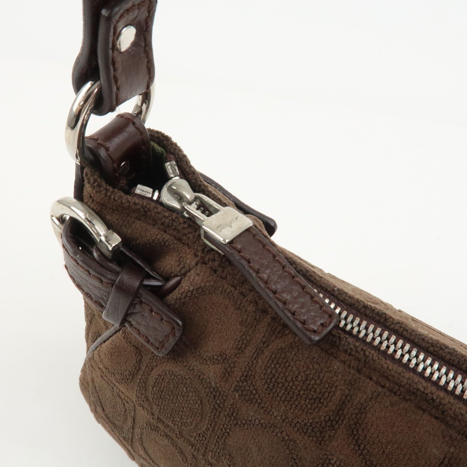 Ferragamo Gancini Polyester Leather Shoulder Bag Hand Bag Brown