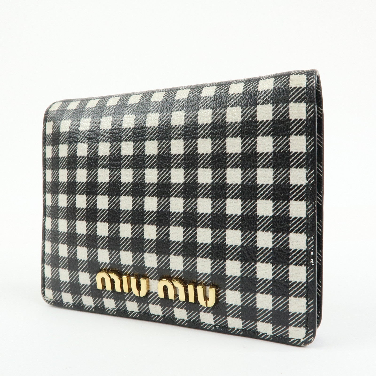 MIU MIU PVC Gingham Bi-fold Compact Wallet Black White 5MV204