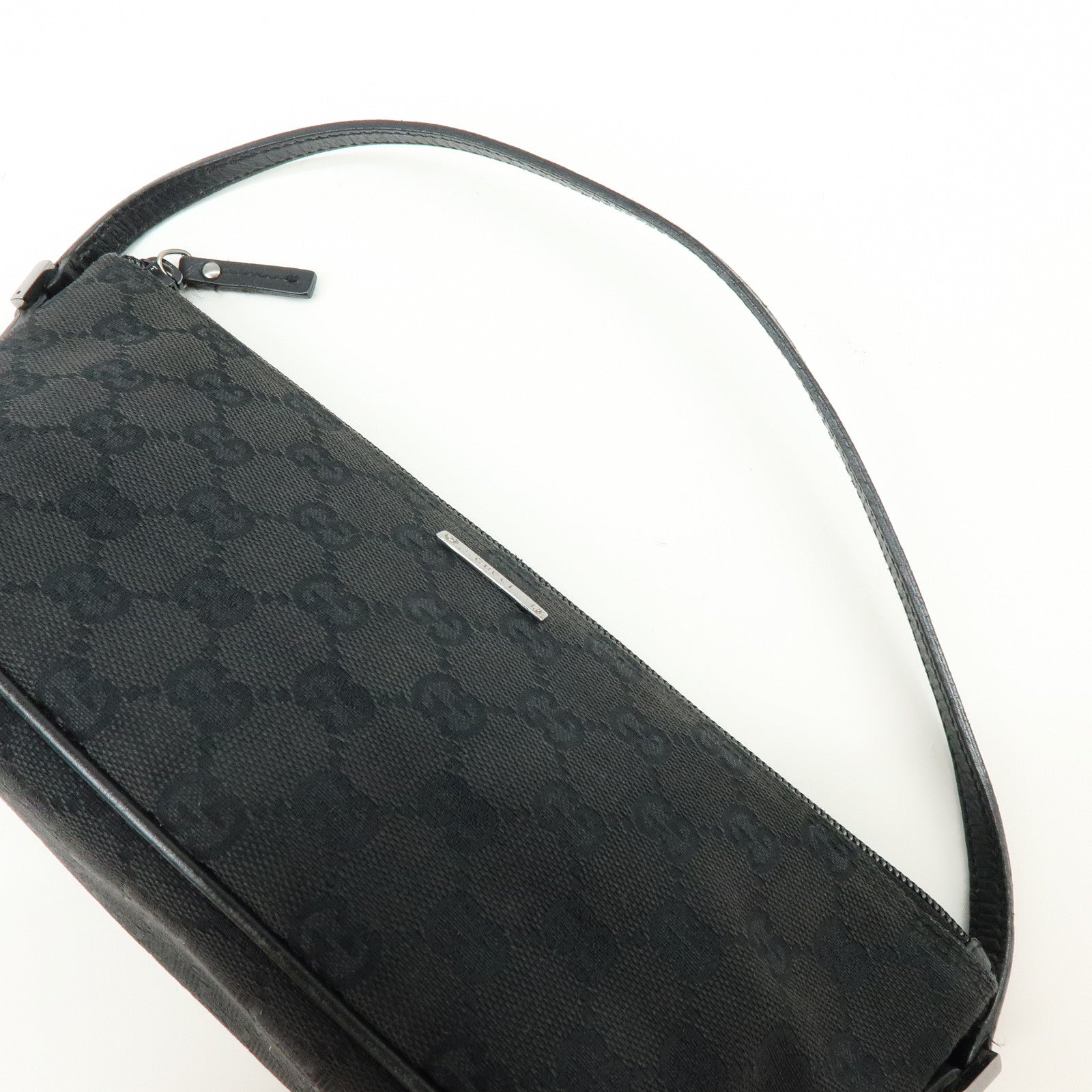 GUCCI Boat Bag GG Canvas Leather Hand Bag Pouch Black 07198