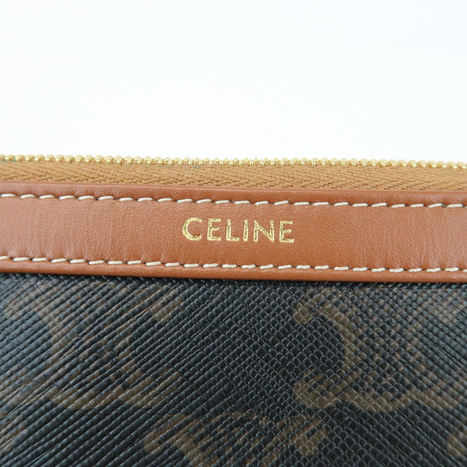 CELINE Triomphe PVC Calf Leather Cosmetic Pouch Accessory Pouch Tan