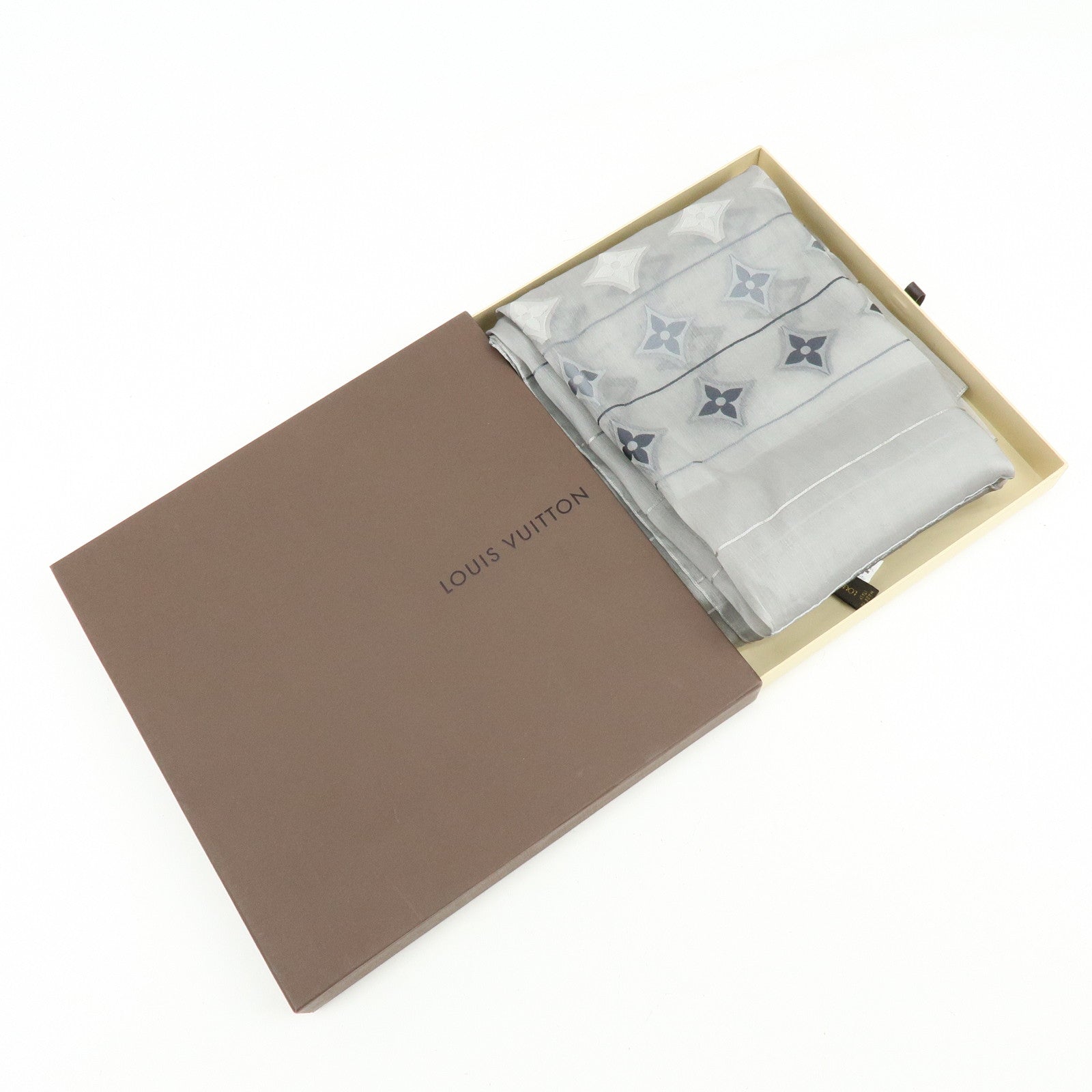 Louis Vuitton LV Logo Silk 100% Scarf Shawl Gray Silver