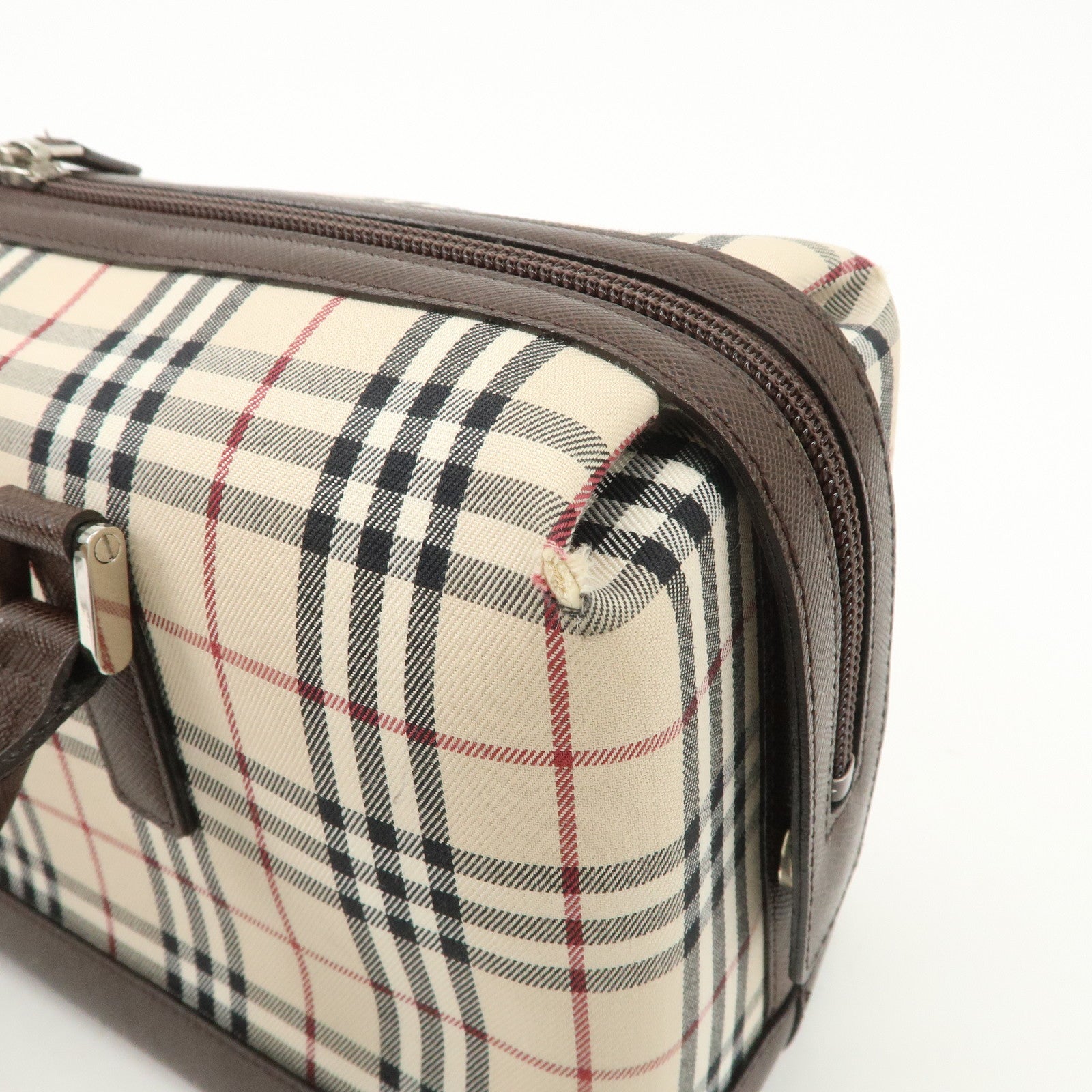 BURBERRY Leather Canvas Boston Bag Hand Bag Nova Plaid Brown Used