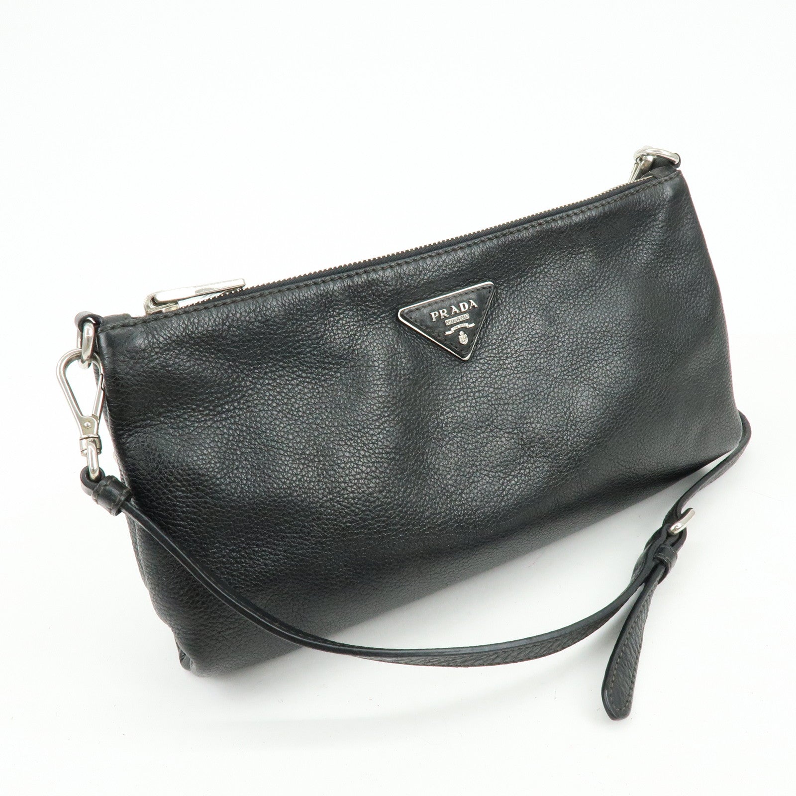 PRADA Triangle Logo Vitello Daino Leather Shoulder Bag Black 1BH997