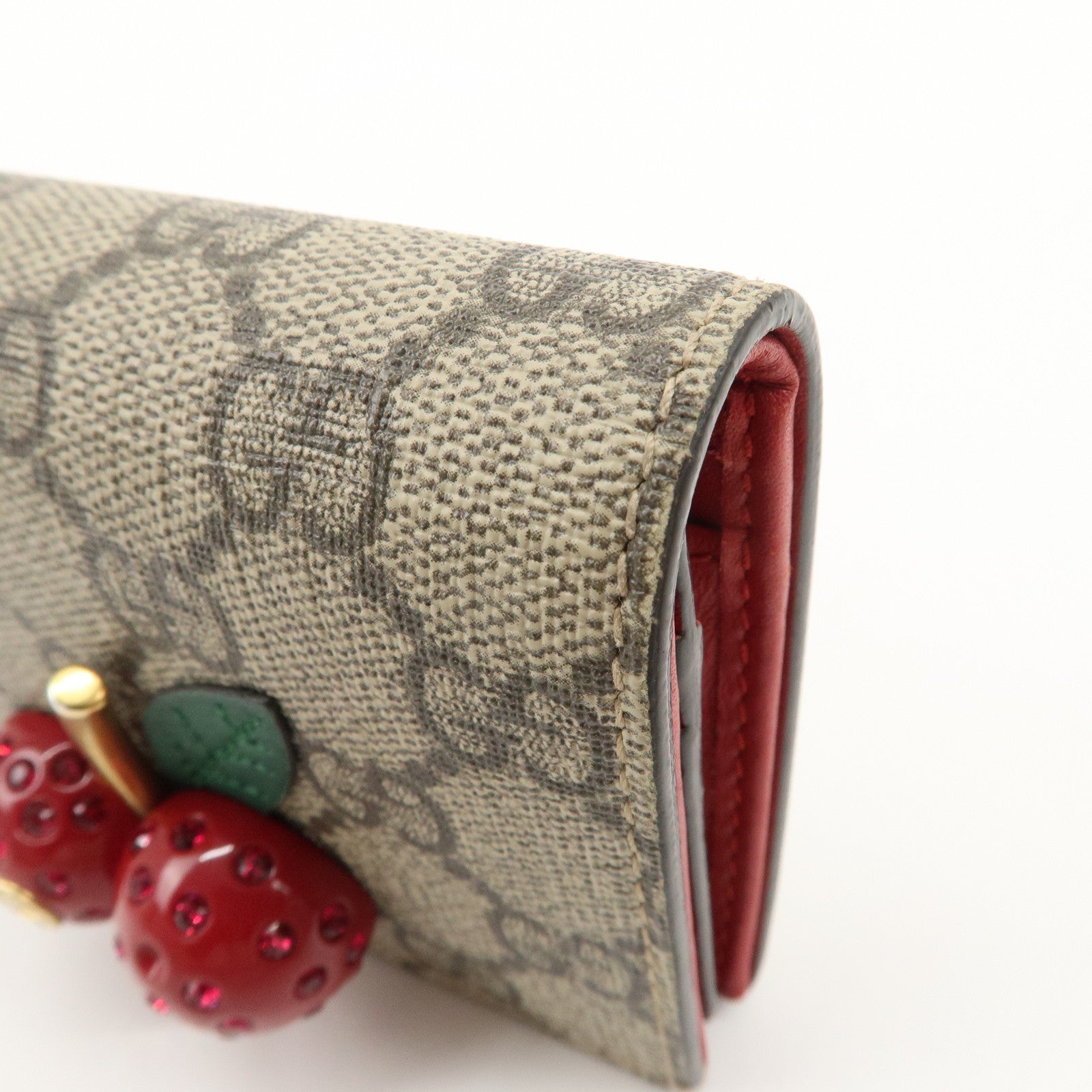 GUCCI Interlocking G GG Supreme Cherry Compact Wallet Beige Red 476050 Used