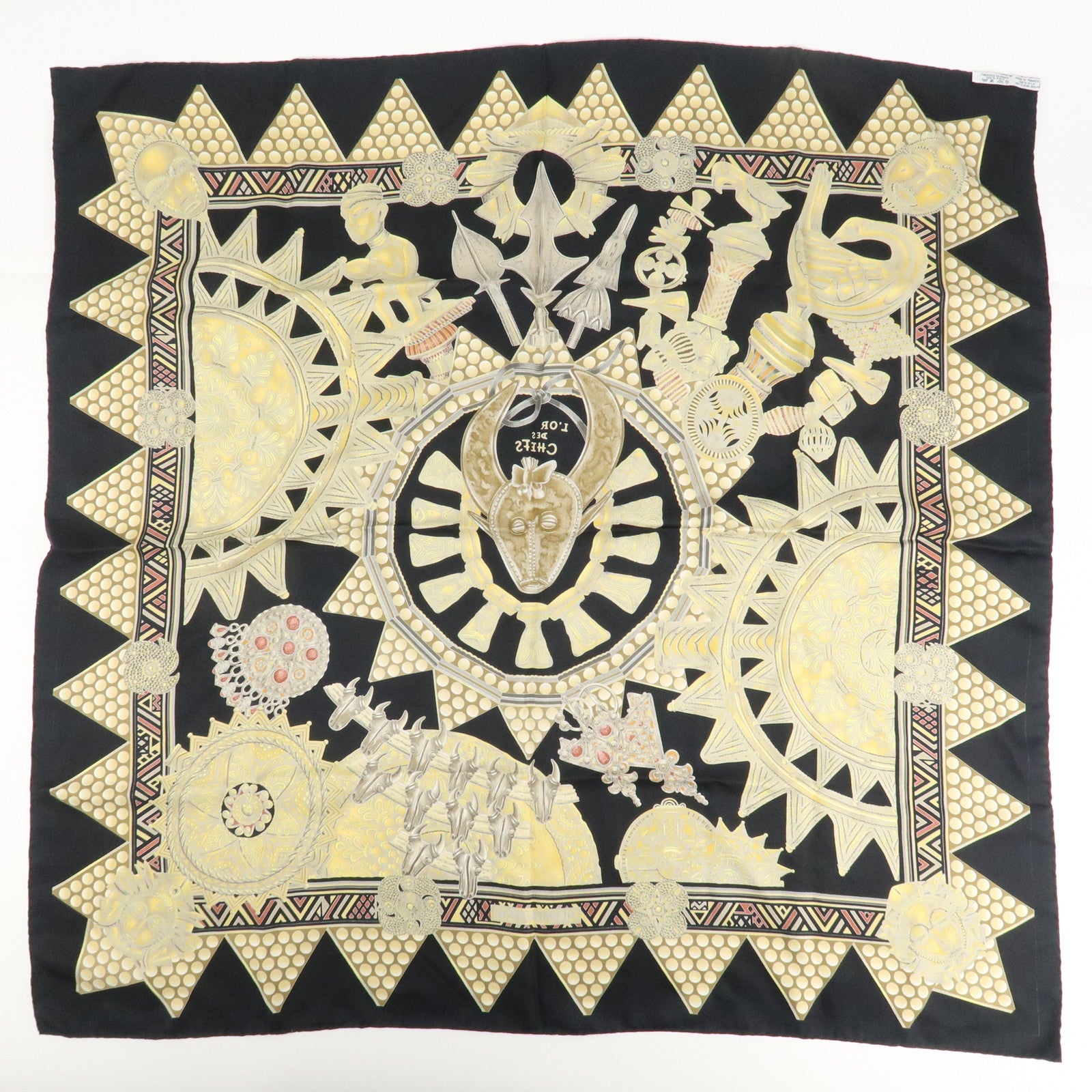 HERMES Carre 90 Silk 100% Scarf L'OR DES CHEFS Black Yellow Used
