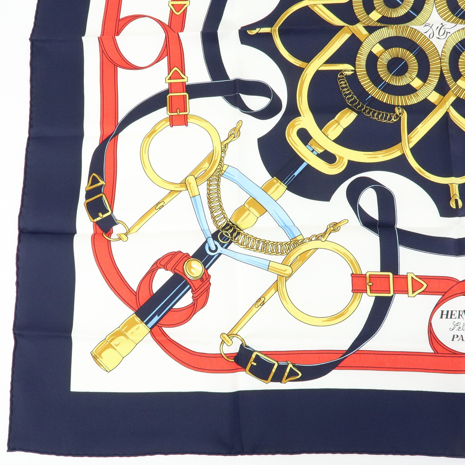 HERMES Carre 90 Silk 100% Scarf Eperon d'or Navy White Yellow Red