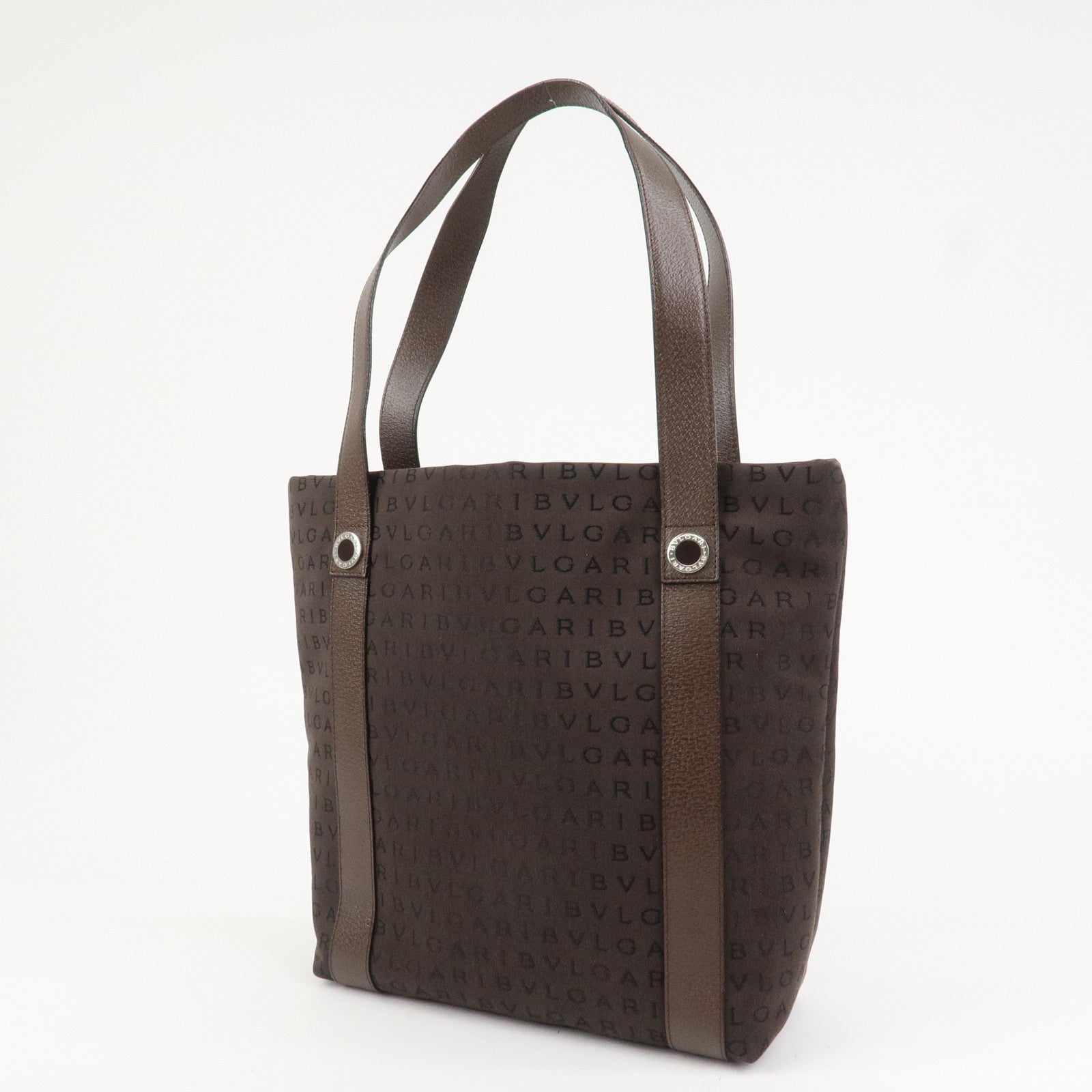 BVLGARI Logo Mania Canvas Leather Shoulder Bag Tote Bag Brown