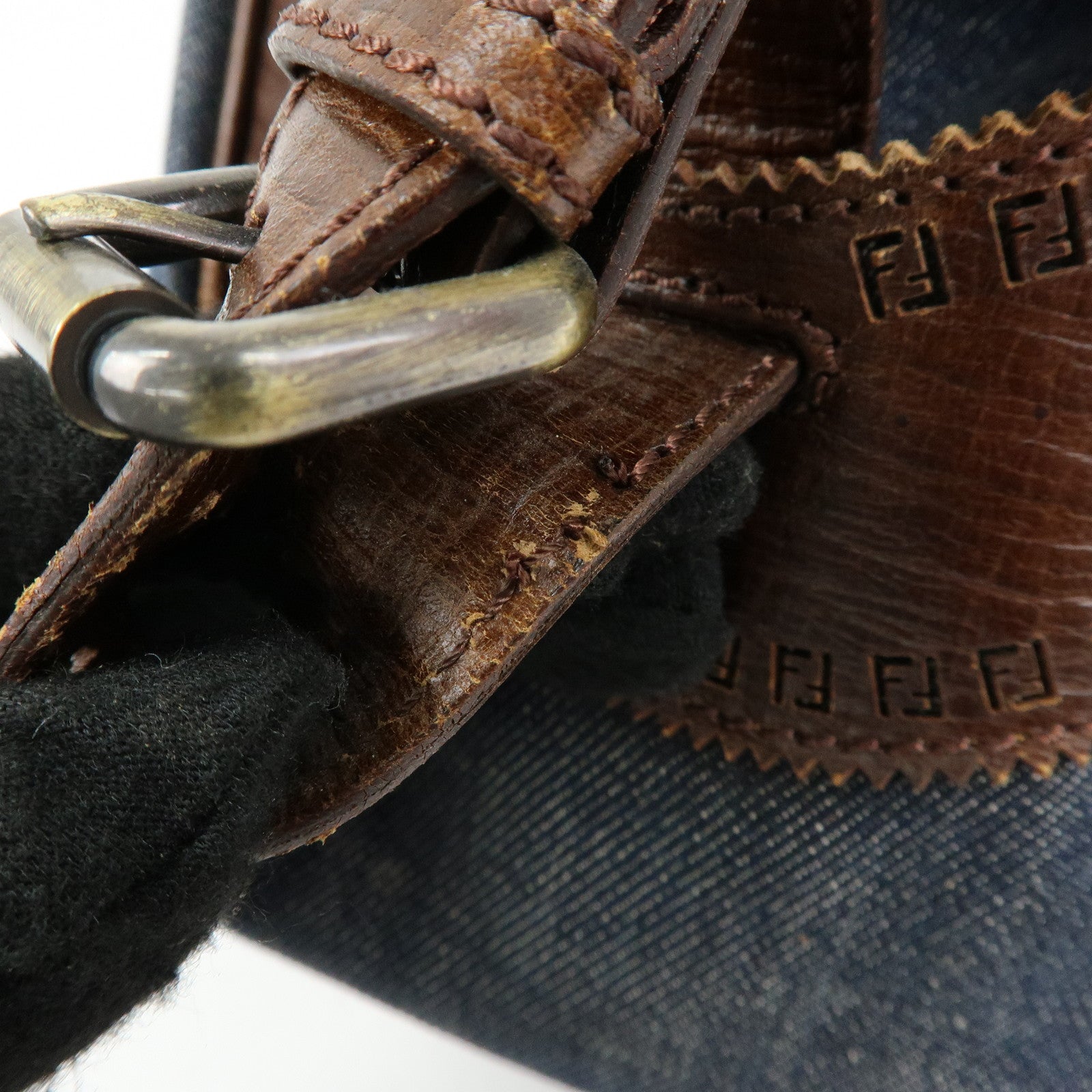 FENDI Etnico Denim Leather Shoulder Bag Indigo Blue Brown 8BN157